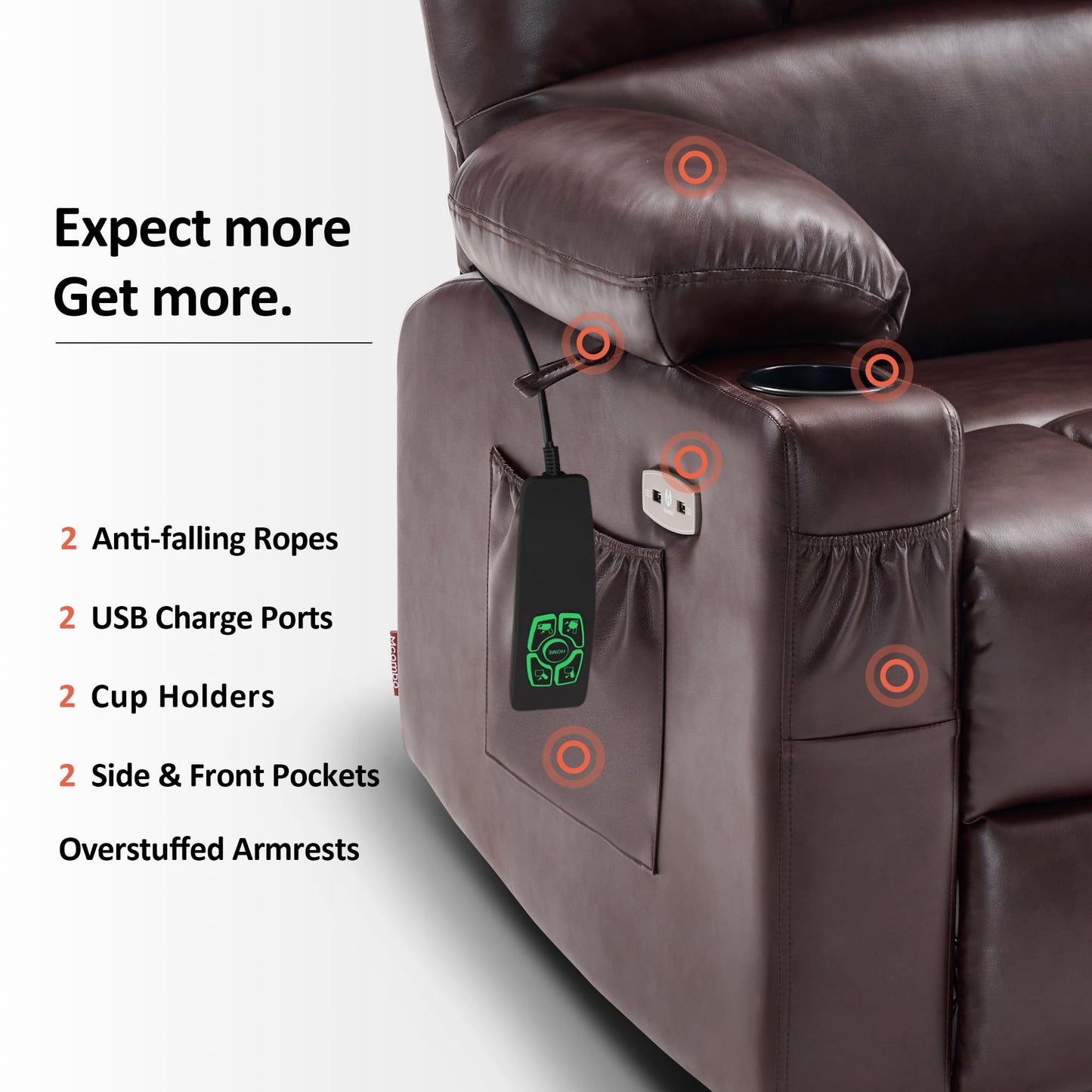 MCombo Large Dual Motor Power Lift Recliner Chair for Elderly, Massage and Heat, Lay Flat, Zero Gravity, Home Button, USB Port, Faux Leather 7680 (Dark Brown, Large)
