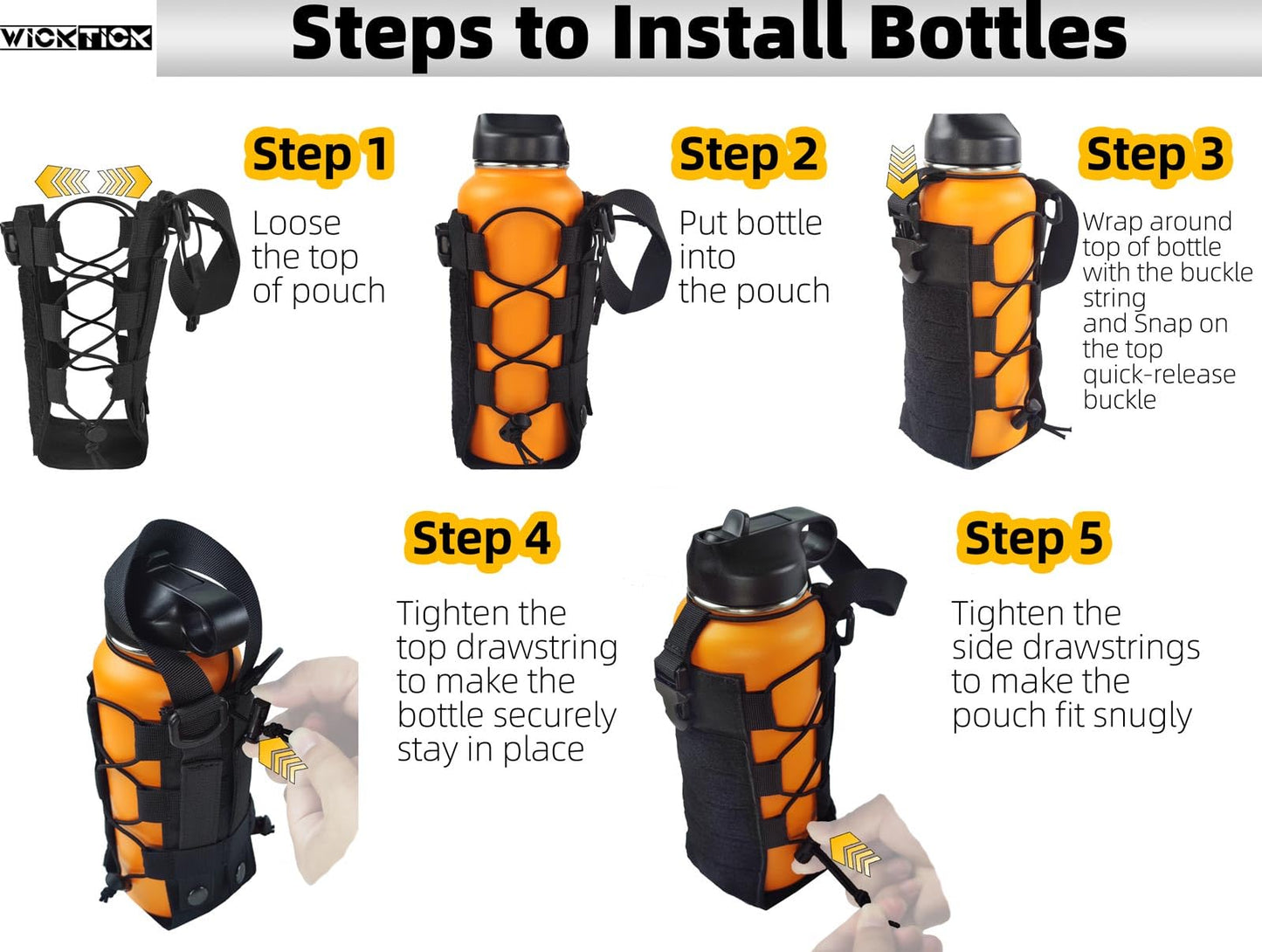 WICKTICK Molle Water Bottle Holder Pouch 16 24 32 40 64 oz - Multi-Purpose Tactical Fuel Bottle Bag, Adjustable Size for Outdoor Activities, Adapted to Backpack/Vest/Belt (Green, Classic)