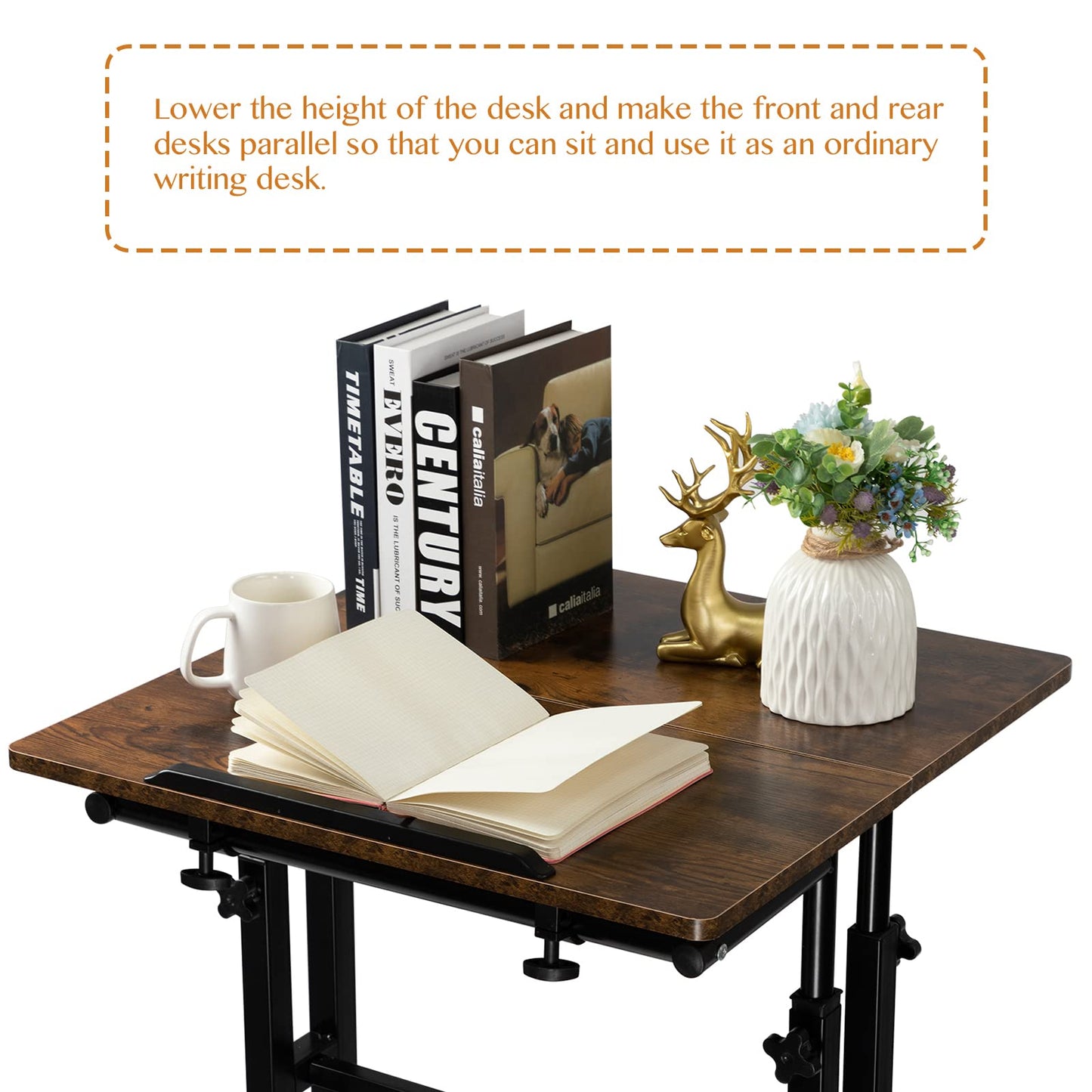 SIDUCAL Mobile Standing Desk, Portable Stand Up Desk, Small Adjustable Converter with Wheels Home Office Workstation, Rolling Laptop Cart for Sitting, Rustic Brown