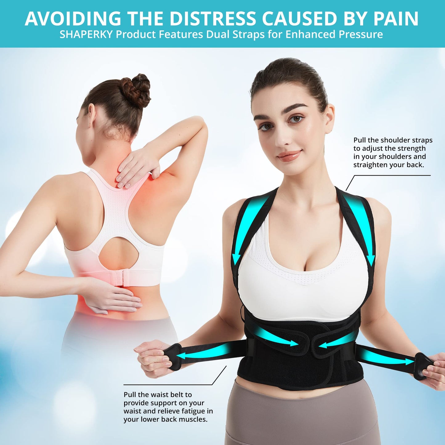 SHAPERKY Posture Corrector for Women for Support: Back Brace for Full Back Support - Adjustable Shoulder Straightener for Women and Men (Black, Medium)