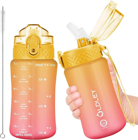 OLDLEY Kids Water Bottle for School, 12 oz (Straw Lid) BPA-Free Reusable Leak-proof Durable Tritan Plastic Water Bottles with One-handed Opening Straw Lids, Anti-dust Spout Cover (Nectarine)