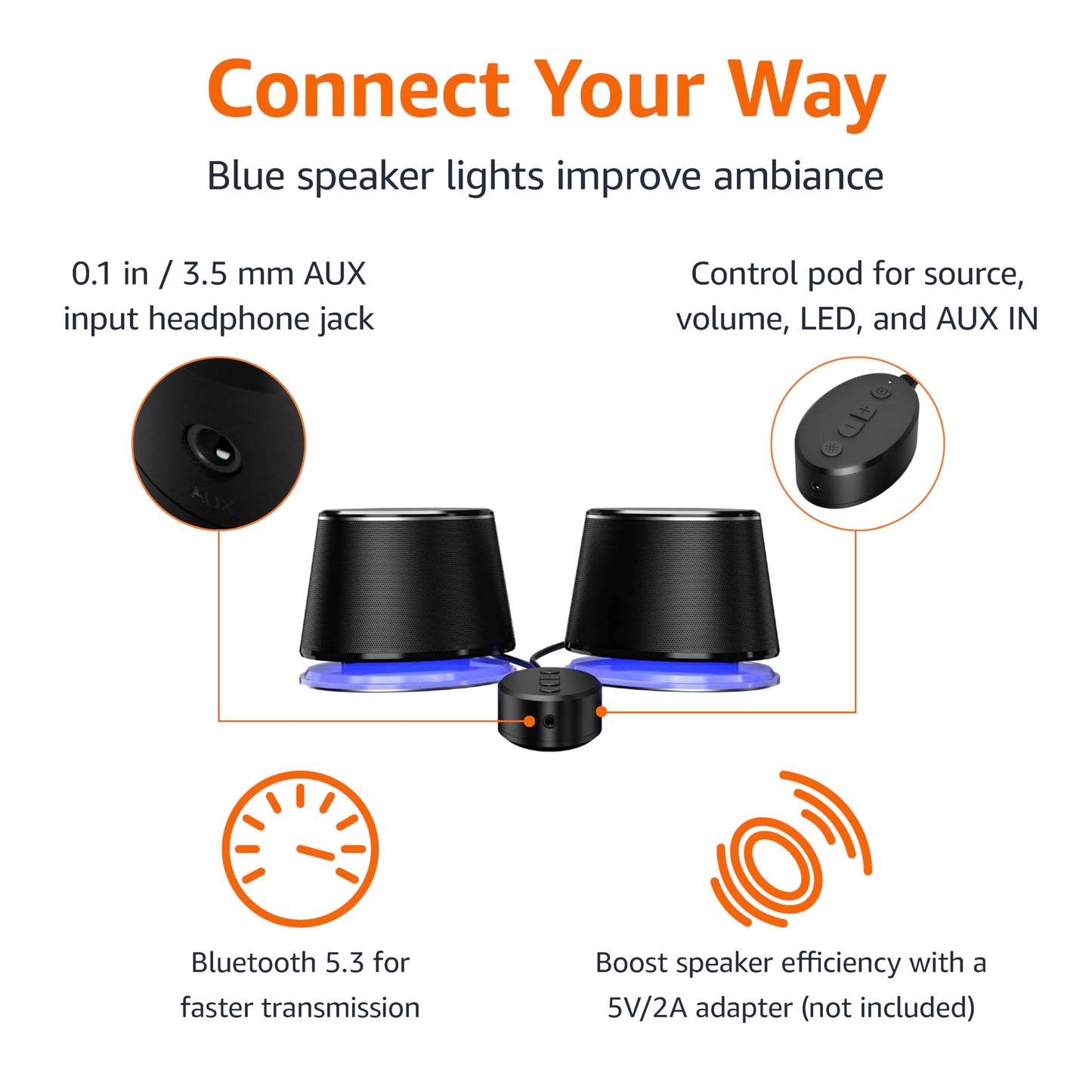 Amazon Basics Bluetooth and USB Computer Speakers with Blue Lighting, Large, Black