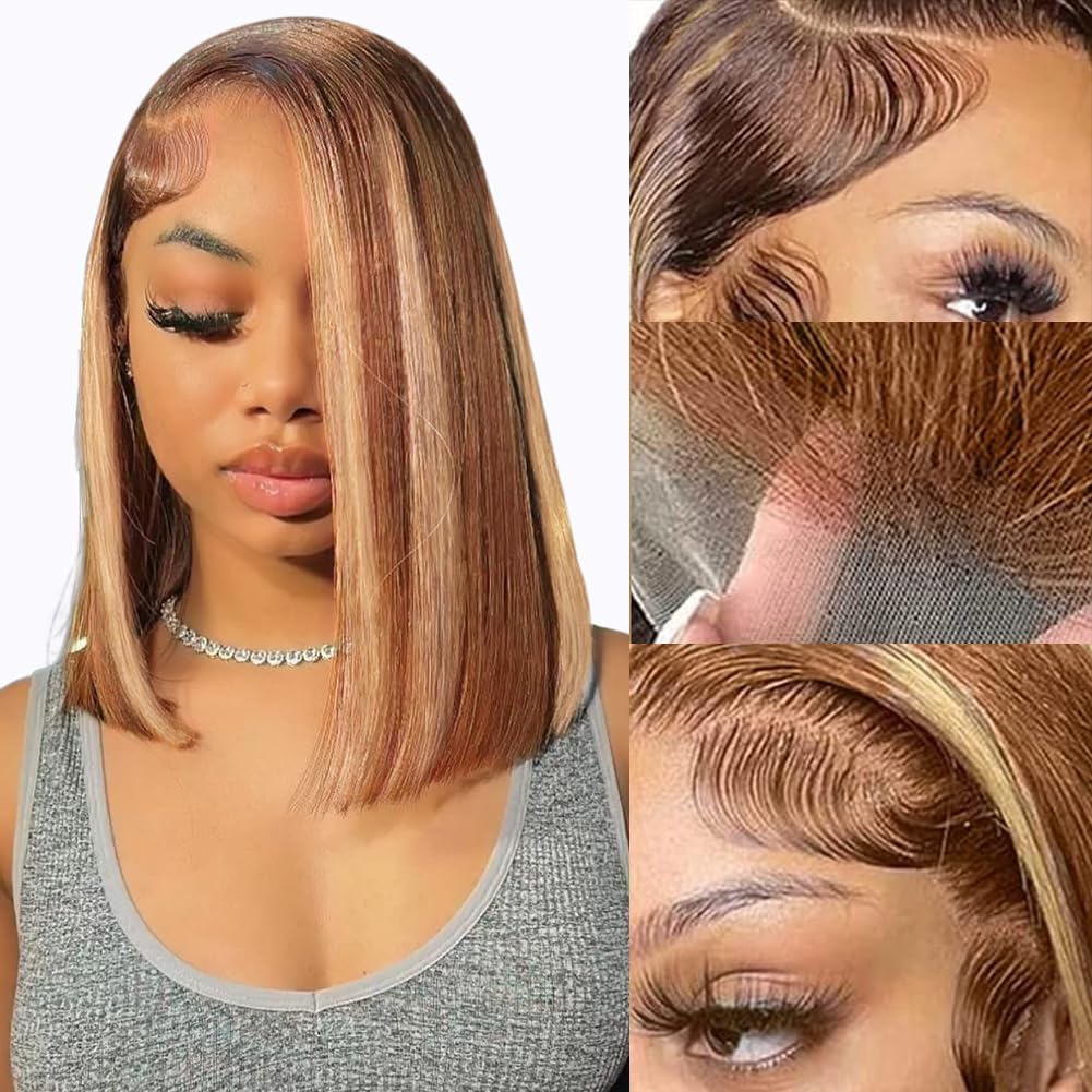 10 Inch Highlight Ombre Lace Front Wig Human Hair Glueless Bob Wigs Human Hair Pre Plucked, 4/27 Highlighted Honey Blonde HD Lace Front Wigs Human Hair Wigs For Black Women 180 Density