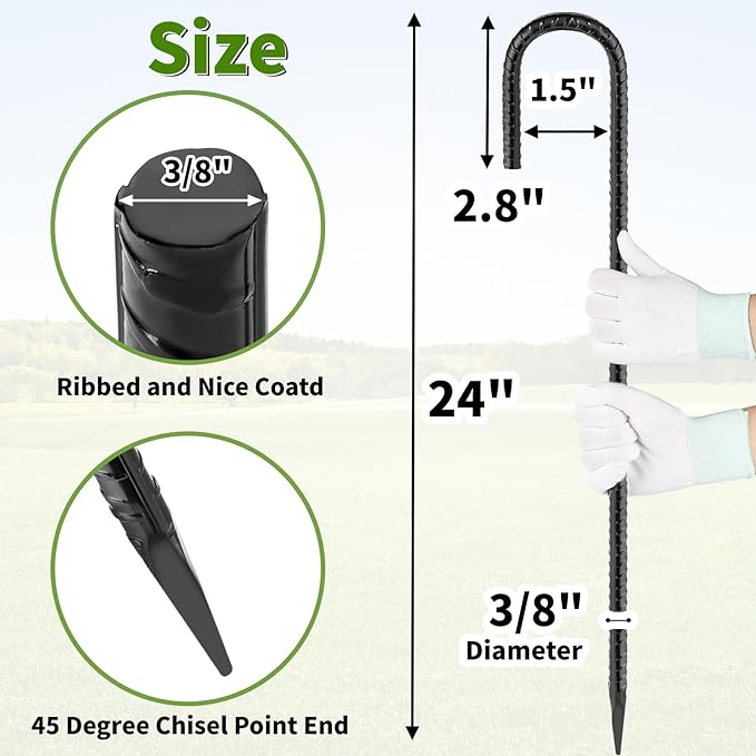 24 inches J Hook Rebar Stakes (16-Pack), Extra Long Garden Stakes with Chisel Point End Steel Rebar Ground Stakes for Tent Chain Link Fence and Outdoor Decorations Black Coated