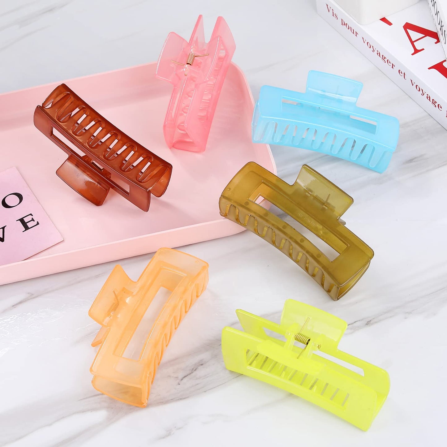 Sisiaipu 4 Inch Big Hair Claw Clips - 6 Pcs Large Square Clips for Thick Hair, Women's Rectangle Nonslip Acrylic Banana Jaw Hair Accessories for Girls - Shiny