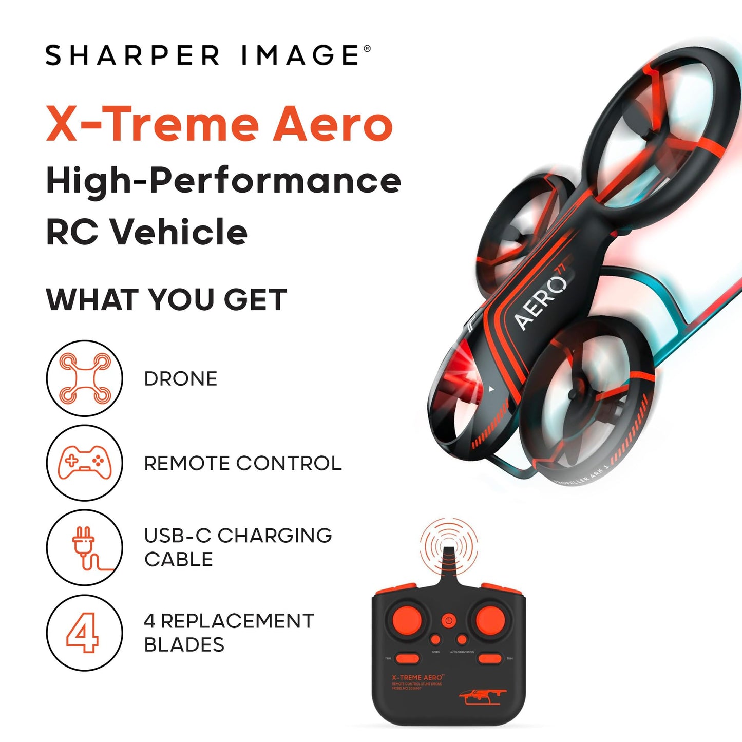Sharper Image® X-Treme Aero Mini Drone, 4.6" RC Stunt Helicopter, 2.4 GHz Long Range Remote Control, Quiet Indoor & Outdoor Toy, Lightweight Durable, Kids & Adult Beginner Pocket Drone, Small Gift