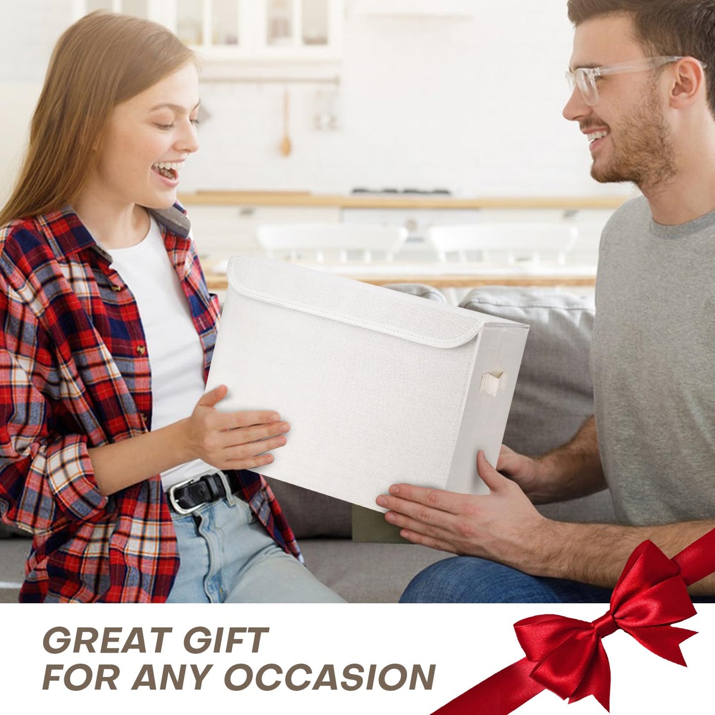 Bagnizer Large 17" 42 Quarts Collapsible Stackable Storage Bins with Lids [3-Pack] Foldable Fabric Linen Storage Boxes Cube, Closet Organizer Baskets with Label (16.7 x 12 x 12, White)