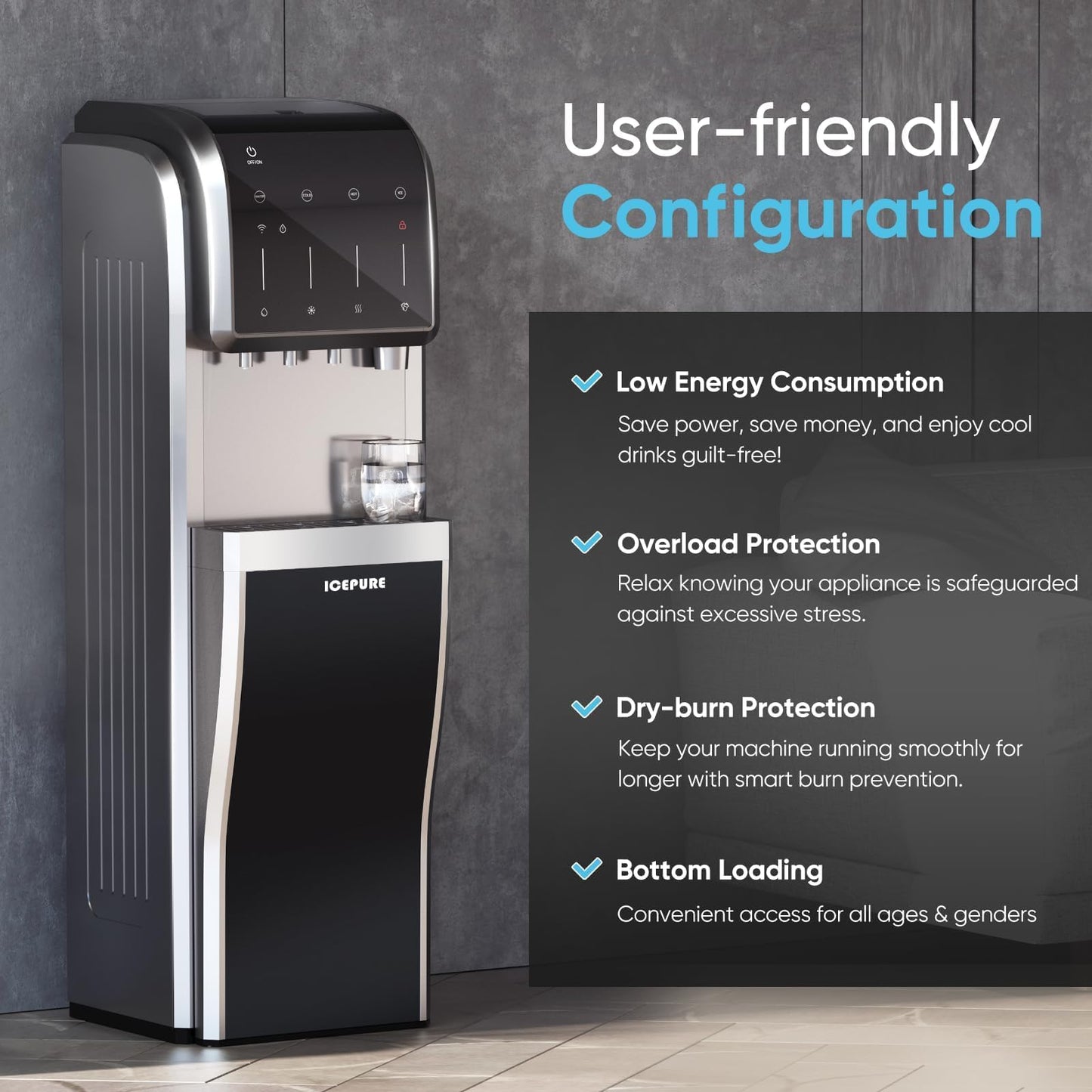 ICEPURE 5-in-1 Water Cooler with Ice Maker, Bottom Load for 5 Gallon Bottle, WIFI, Bullet and Crushed/Chewable Ice, 35lbs/24H, Hot and Cold Water, Water Dispenser Built-in Ice Machine, Stainless Steel