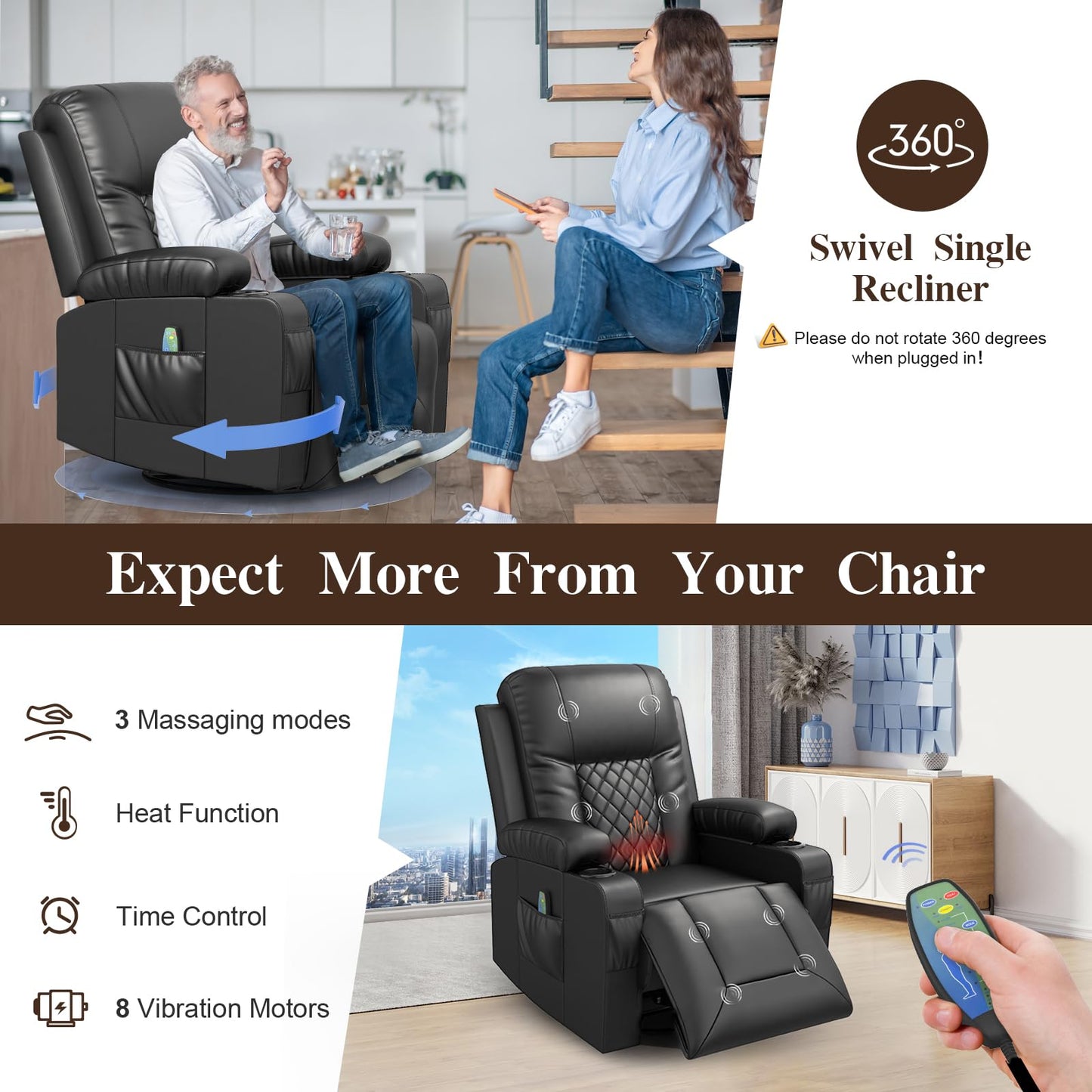 FURNIMAT Loveseat Recliner Sofa Set with 2+1 Pieces in Living Room, 2 Seater Reclining Loveseat Leather, 1 Recliner Chair with 360 Degree Swivel Single Sofa Seat
