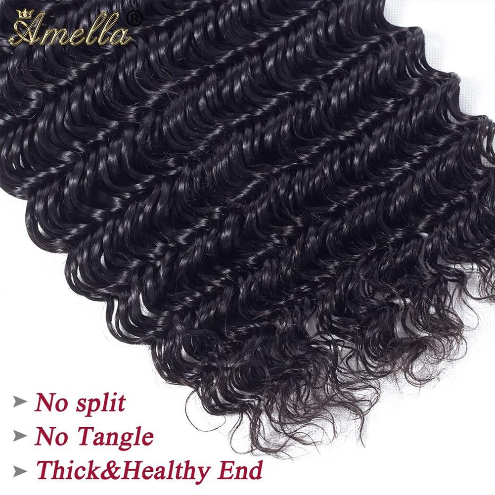 Amella Hair Deep Wave 3 Bundles with Frontal Ear to Ear Lace Frontal Closure with Bundles Brazilian Virgin Hair with Closure Human Hair Extensions (14 16 18+12inch)