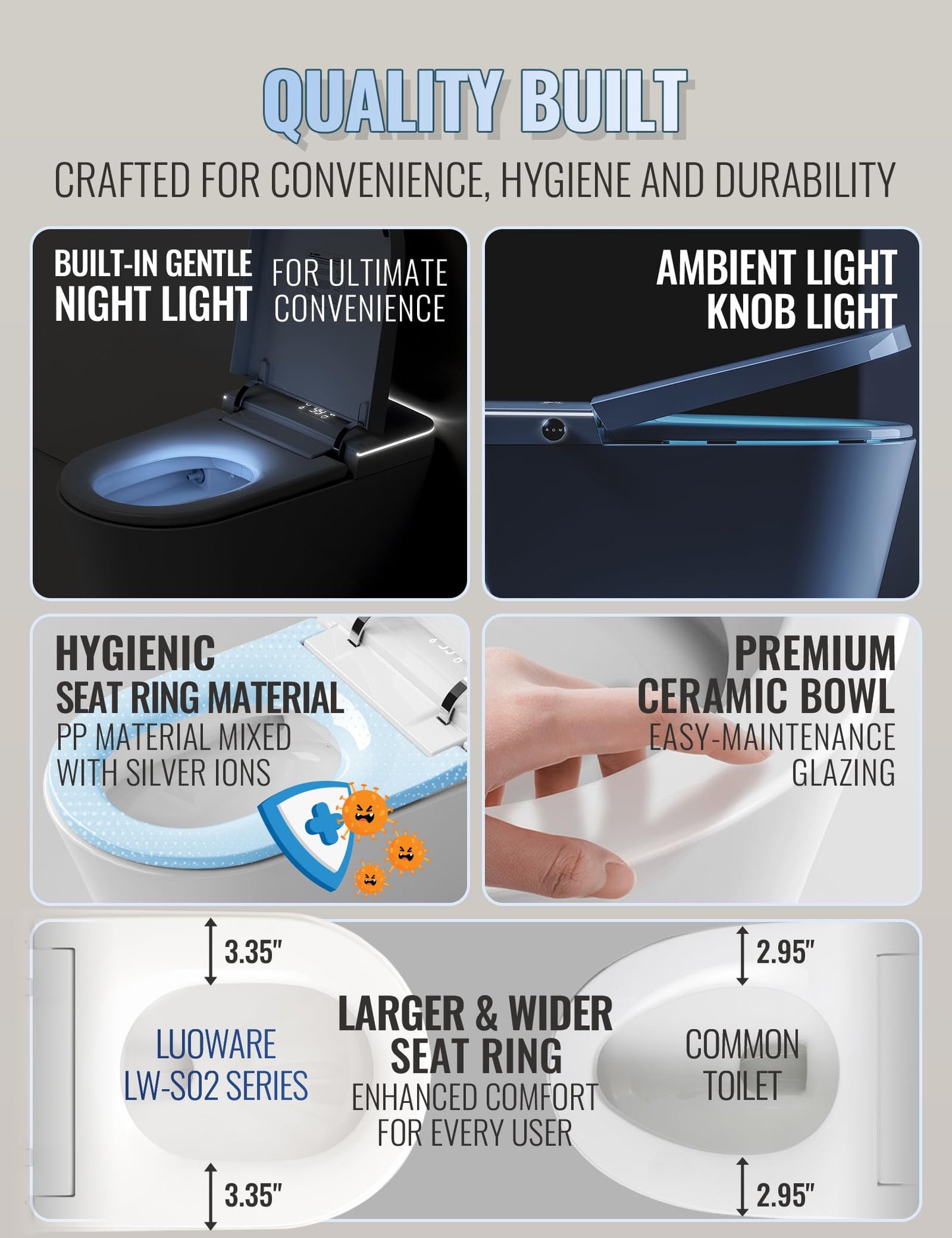 Luoware Smart Toilet with Bidet Built in, Auto Open/Close, Foam Shield, Foot Sensing Operation, Built-in Tank & Pump-Assisted Auto Flush, Wider Heated Seat, Luxury One Piece Elongated Bidet Toilet