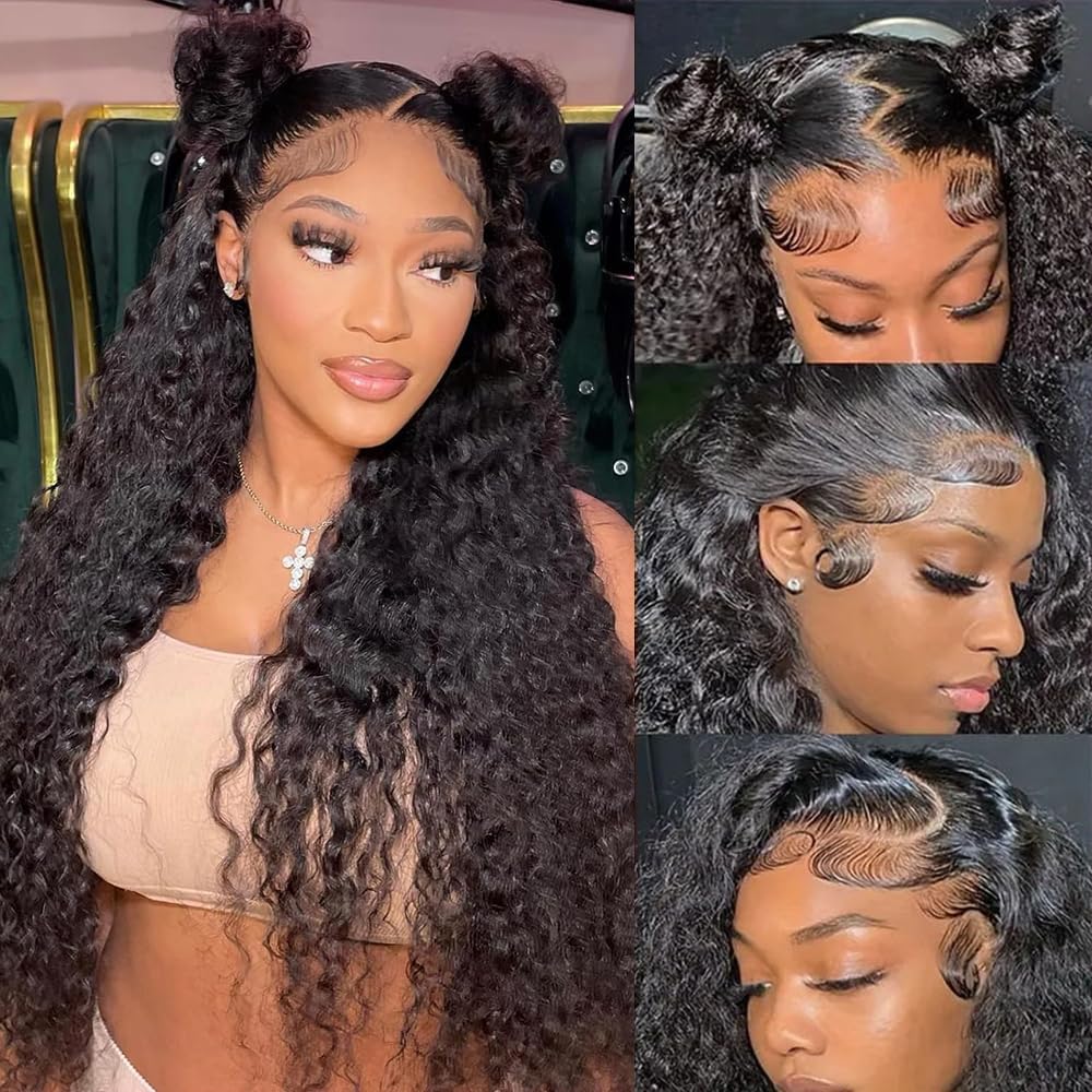 ANDRIA 13x4 HD Lace Front Wigs 28 Inch Black Curly Lace Front Wig with Baby Hair Pre-Plucked Glueless Lace Frontal Wigs Heat Resistant Synthetic Hair 200% Density Natural Color Long Deep Wave Wigs