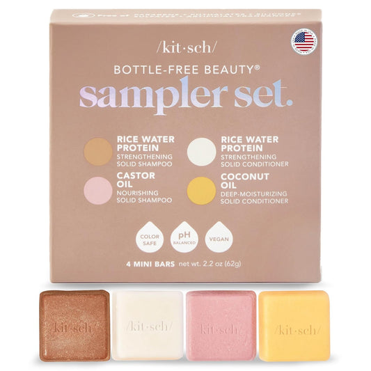 Kitsch 4pc Sampler Solid Shampoo and Conditioner Set - Rice Bar & Castor Oil Shampoo and Rice Bar & Coconut Oil Deep-Moisturizing Hair Conditioner, Zero Waste