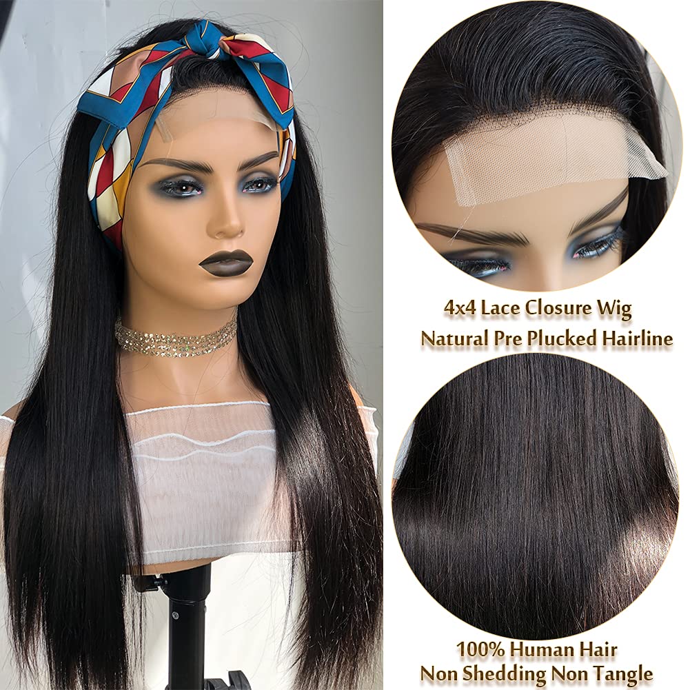 Ainimiu Straight Lace Closure Wigs Human Hair Pre Plucked 180% Density Glueless 12A Brazilian Virgin Hair 4x4 Lace Front Wigs Human Hair For Black Women Natural Black Wig With Baby Hair 18inch