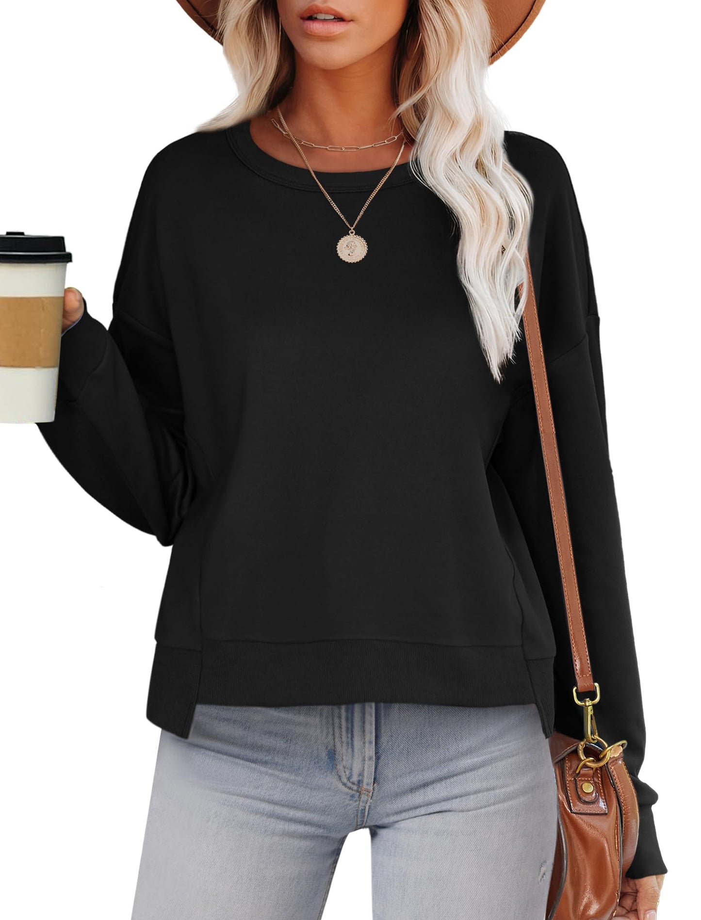 Aokosor Womens Sweatshirts Crewneck Long Sleeve Tops Fall Outfits Womens Fashion 2024 Black L