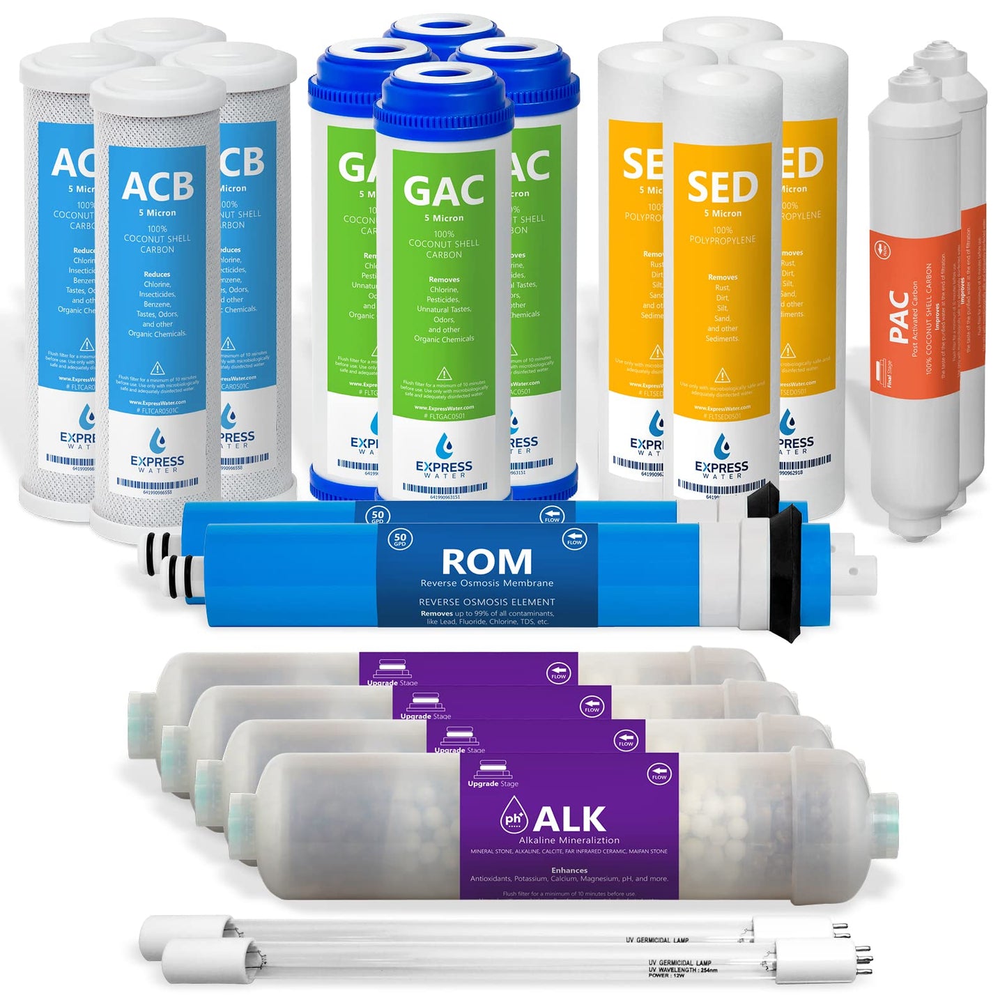 Express Water – 2 Year Reverse Osmosis System Filter Set – 22 Filters with 50 GPD RO Membrane, Carbon GAC ACB PAC, Sediment SED, Alkaline, and UV Filters – 10 inch Size Replacement Water Filters…