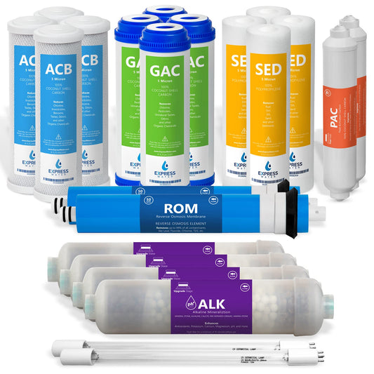 Express Water – 2 Year Reverse Osmosis System Filter Set – 22 Filters with 50 GPD RO Membrane, Carbon GAC ACB PAC, Sediment SED, Alkaline, and UV Filters – 10 inch Size Replacement Water Filters…
