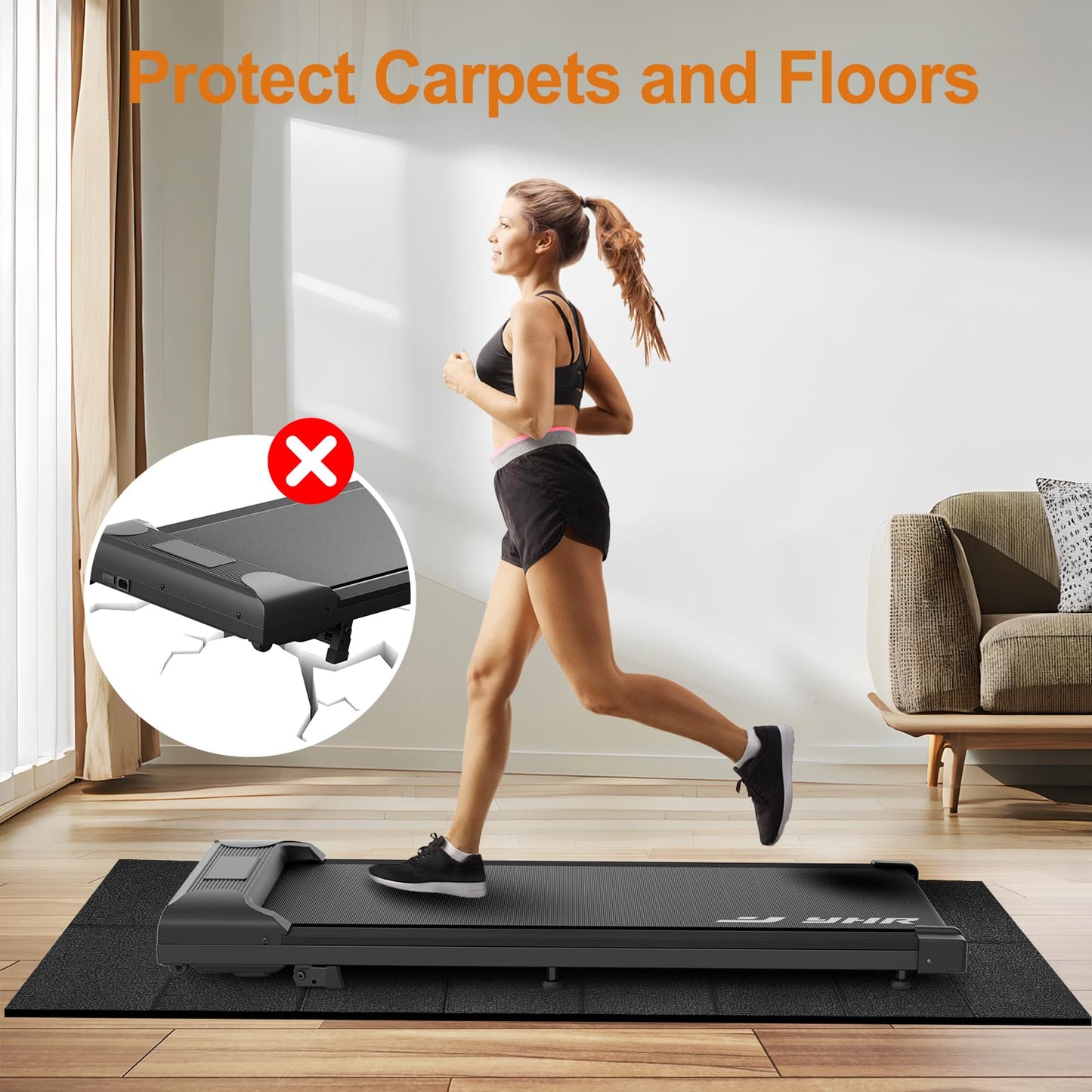 HOVSCO Foldable Treadmill Mat Non-Slip Exercise Bike Mat, 1/4" Thick, 30"x63" Waterproof Walking Pad for Carpet, Hardwood Floors, Workout, Indoor Bikes, Fitness Equipment, Home Yoga
