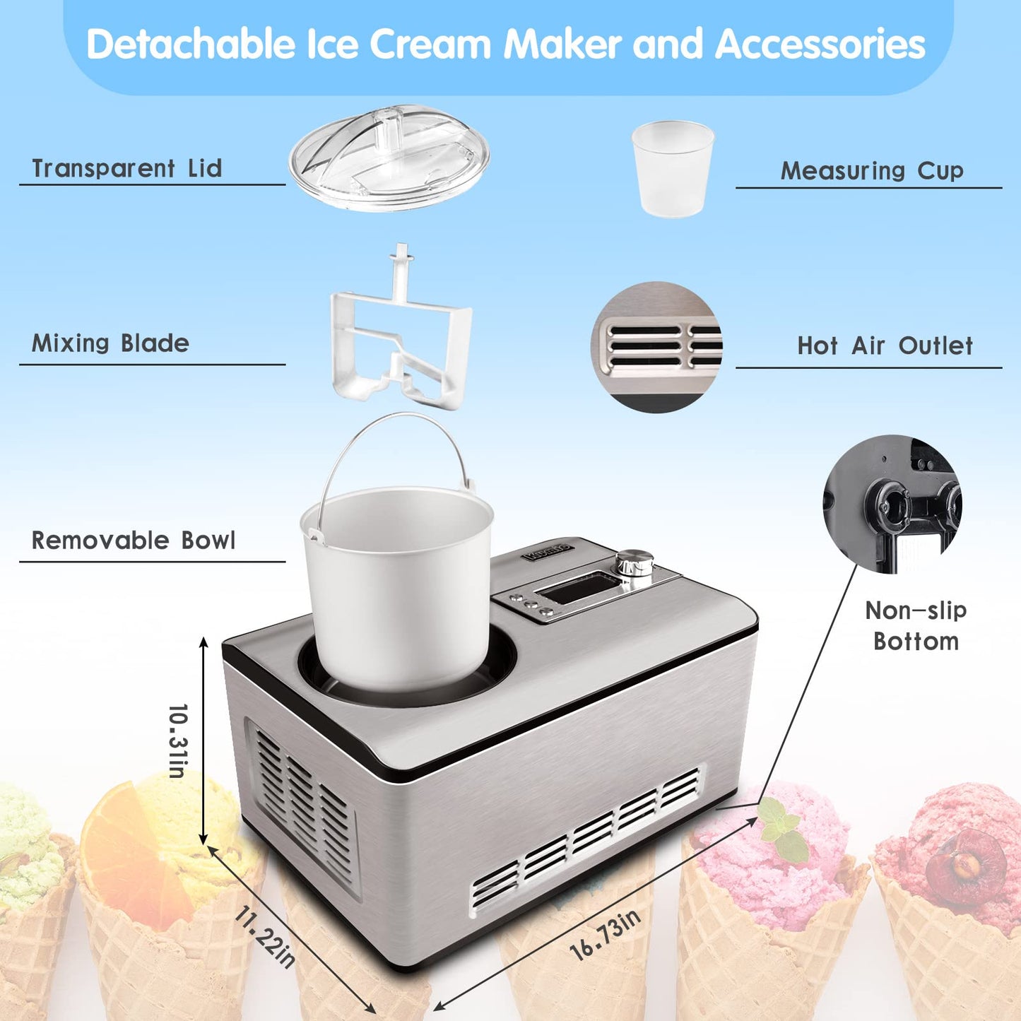 KUMIO 2.2-Quart Ice Cream Maker with Compressor, 2 in 1 Ice Cream Yogurt Machine, No Pre-Freezing, Stainless Steel Ice Cream Maker Machine with LCD Display, No Pre-Freezing