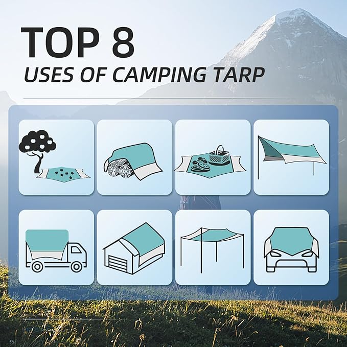 12X14FT Camping Tarp with 2 Poles, UV UPF50+ Lightweight Car Awning Sun Shelter, PU3000 Waterproof Tarp for Camping, Hiking and Backpacking Trips