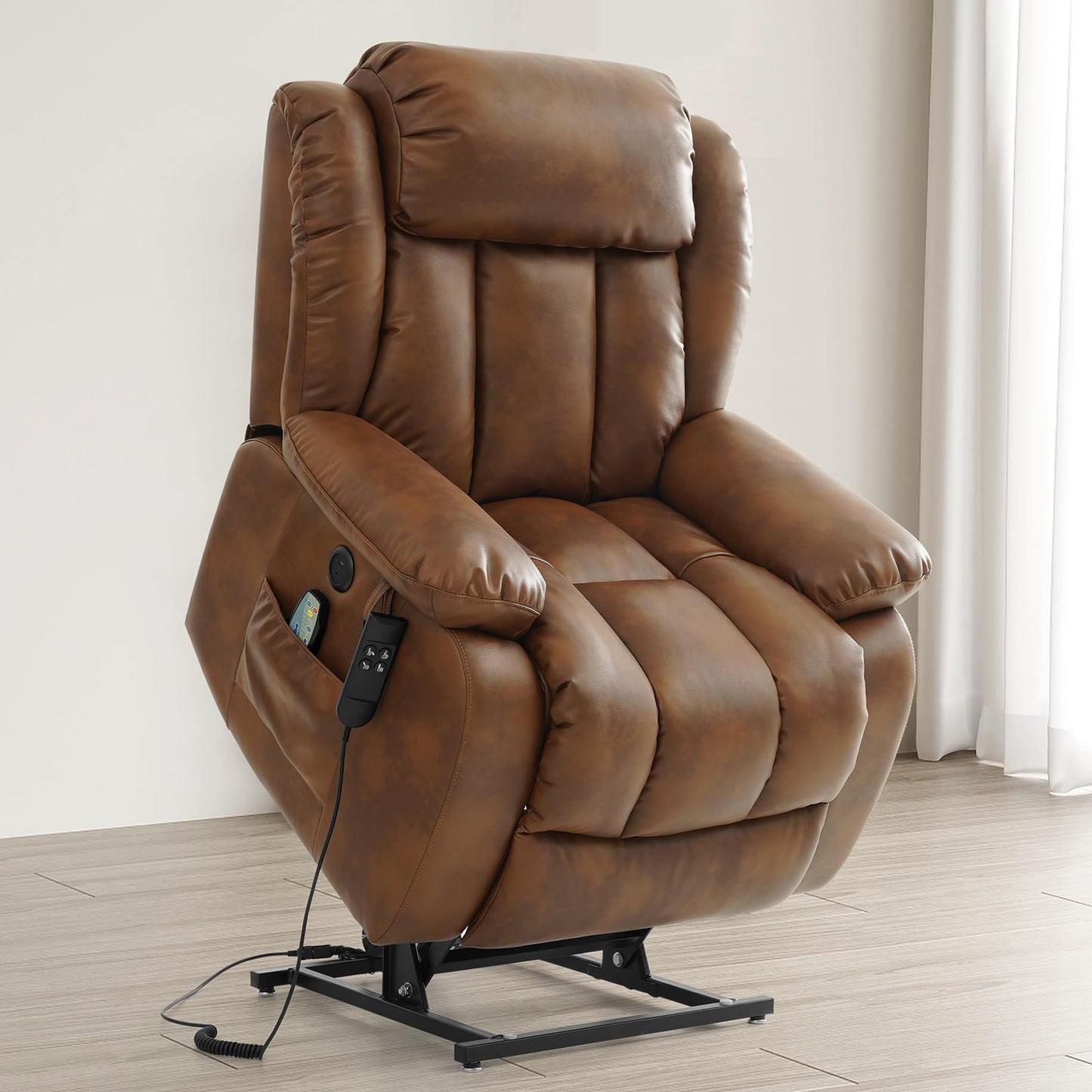 KIMOHOME Dual Motor Large Power Lift Recliner Chair Recliners for Elderly, Infinite Position Recliner Chair with Heat and Massage, Breathable Leather(Ochre)