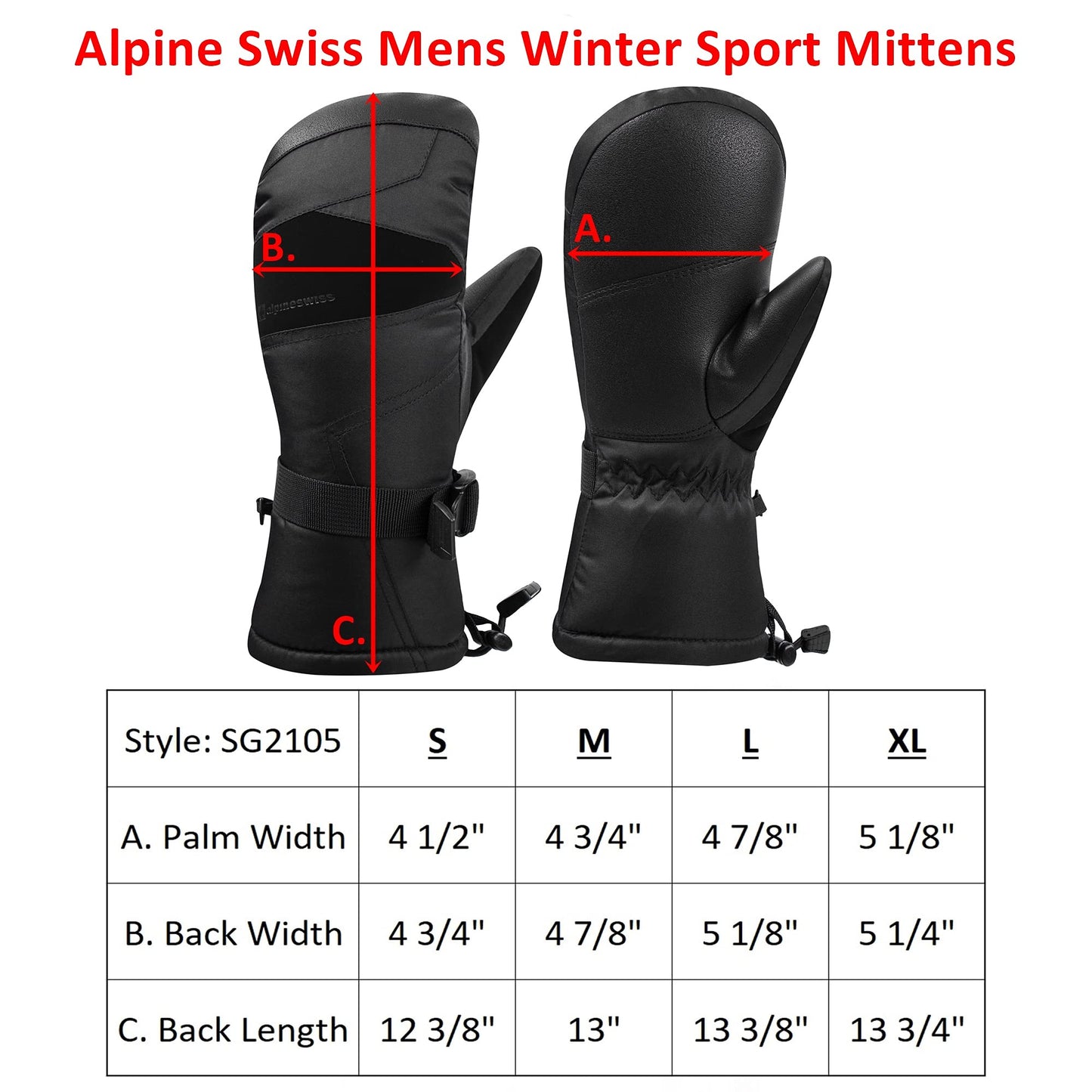 Alpine Swiss Mens Waterproof Gauntlet Ski Mittens Winter Sport Gloves Snowboarding Windproof Warm 3M Thinsulate Black XL