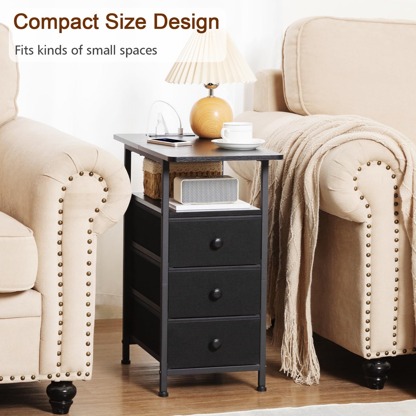 AMHANCIBLE End Tables Living Room with Charging Station, Narrow Side Table with USB Ports and Outlets, Slim Nightstand with 3 Fabric Drawers for Bedroom, Small Space, Black, HETN013BK-1