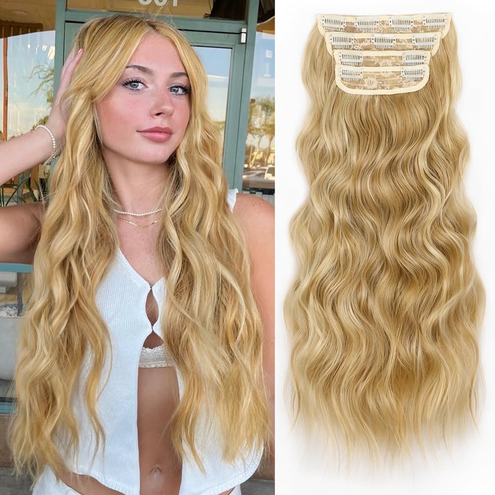ALXNAN Clip in Long Wavy Hair Extension 20 Inch Honey Blonde to Bleach Blonde Hair Extensions 4PCS Thick Hairpieces Fiber Double Weft Hair for Women