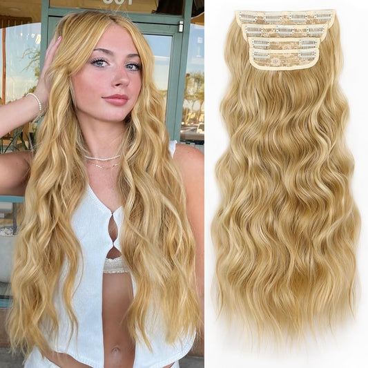 ALXNAN Clip in Long Wavy Hair Extension 20 Inch Honey Blonde to Bleach Blonde Hair Extensions 4PCS Thick Hairpieces Fiber Double Weft Hair for Women