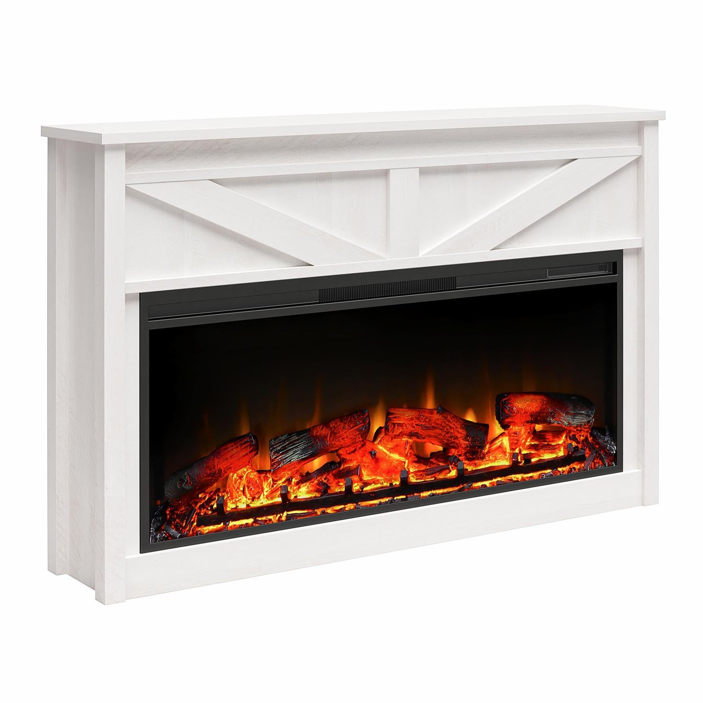 Ameriwood Home Farmington 49 Inch Electric Fireplace with Mantel, Replaceable Fireplace Insert Heater. Remote Control, Timer, Realistic Log and Flame Effect, Ivory Oak