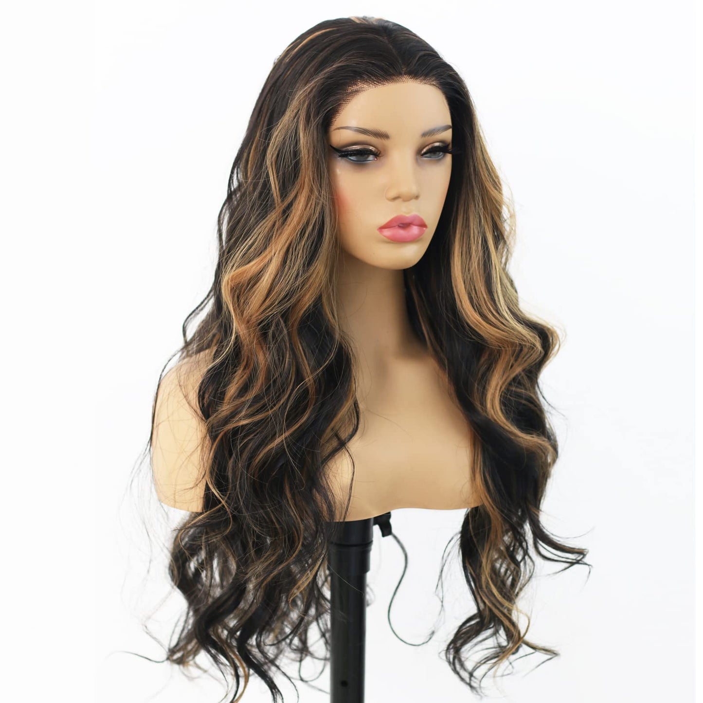ANDRIA Highlight Brown Lace Front Wig Loose Wave with Baby Hair Dark Roots Ombre Brown Glueless Black and Brown Long Body Wave Synthetic Heat Resistant Fiber Colorful Wigs for Black Women
