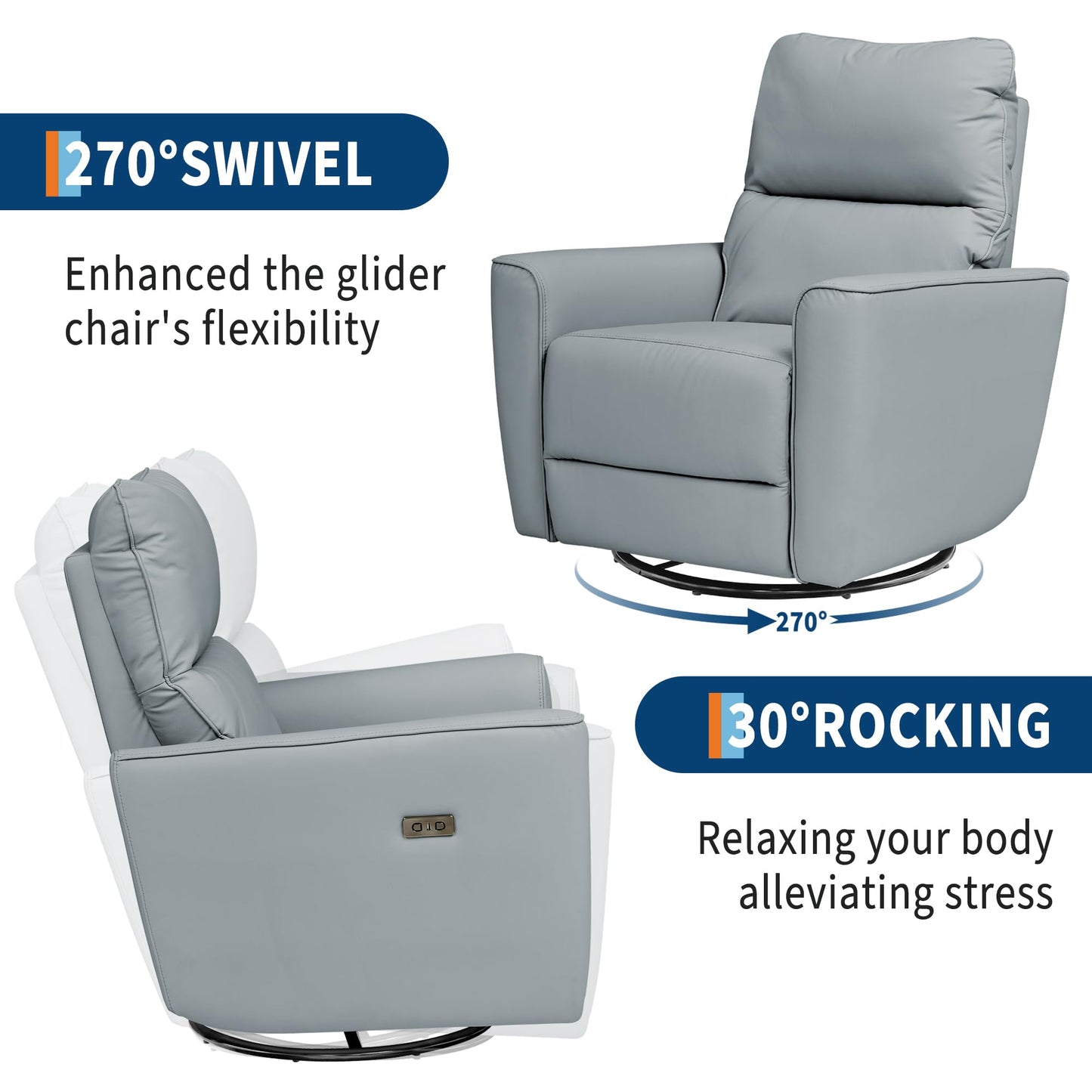 IDEALHOUSE Power Recliner Chair Swivel Rockery Glider PU Leather Upholstered Glider Recliner Nursery Chair with USB Port and Lumbar Support for Living Room,Home Theater and Nursery
