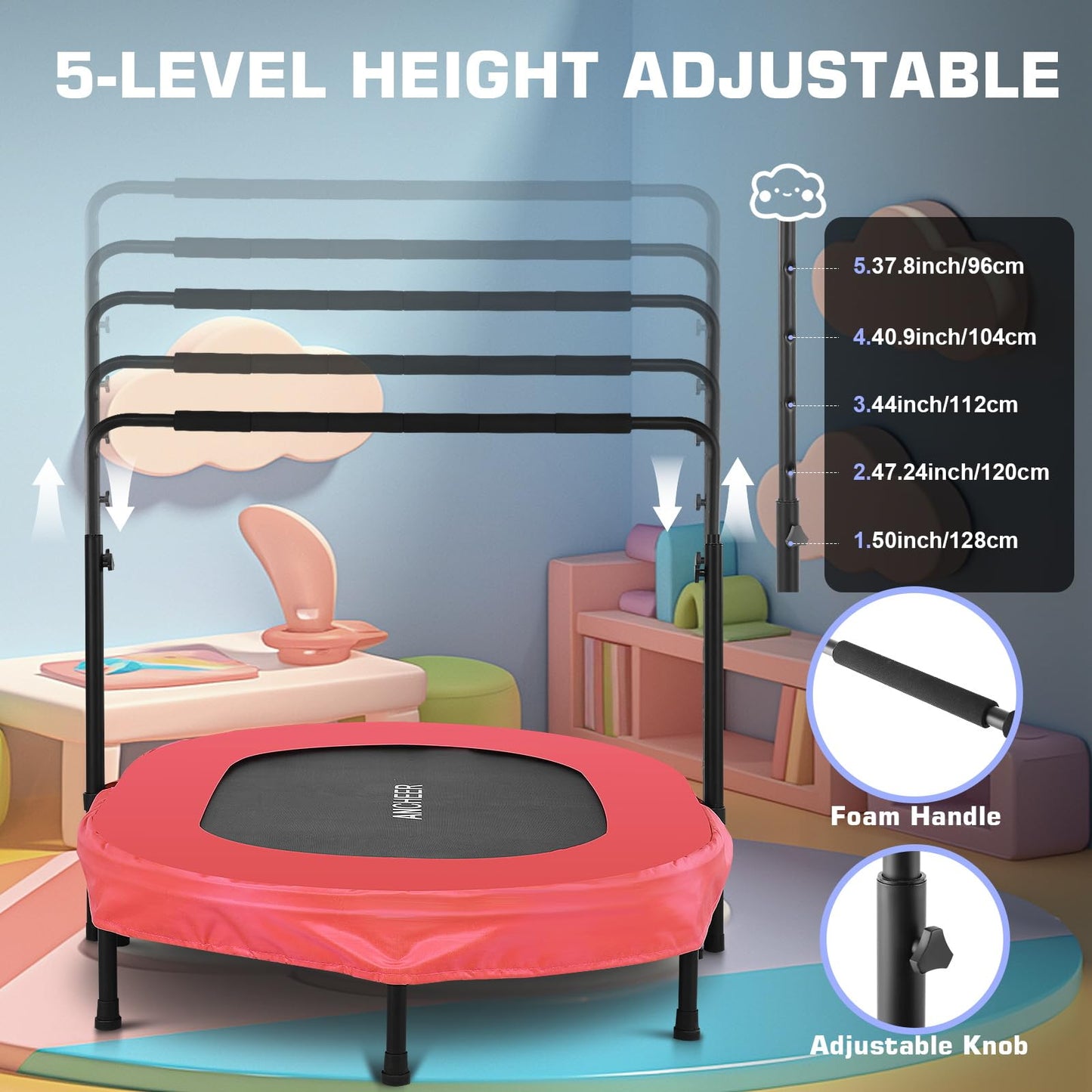 ANCHEER Foldable Trampoline, Mini Rebounder Trampoline with Adjustable Handle, Exercise Trampoline for Indoor/Garden/Workout Cardio, Parent-Child Twins Trampoline Max Load 220lbs (Training Red)