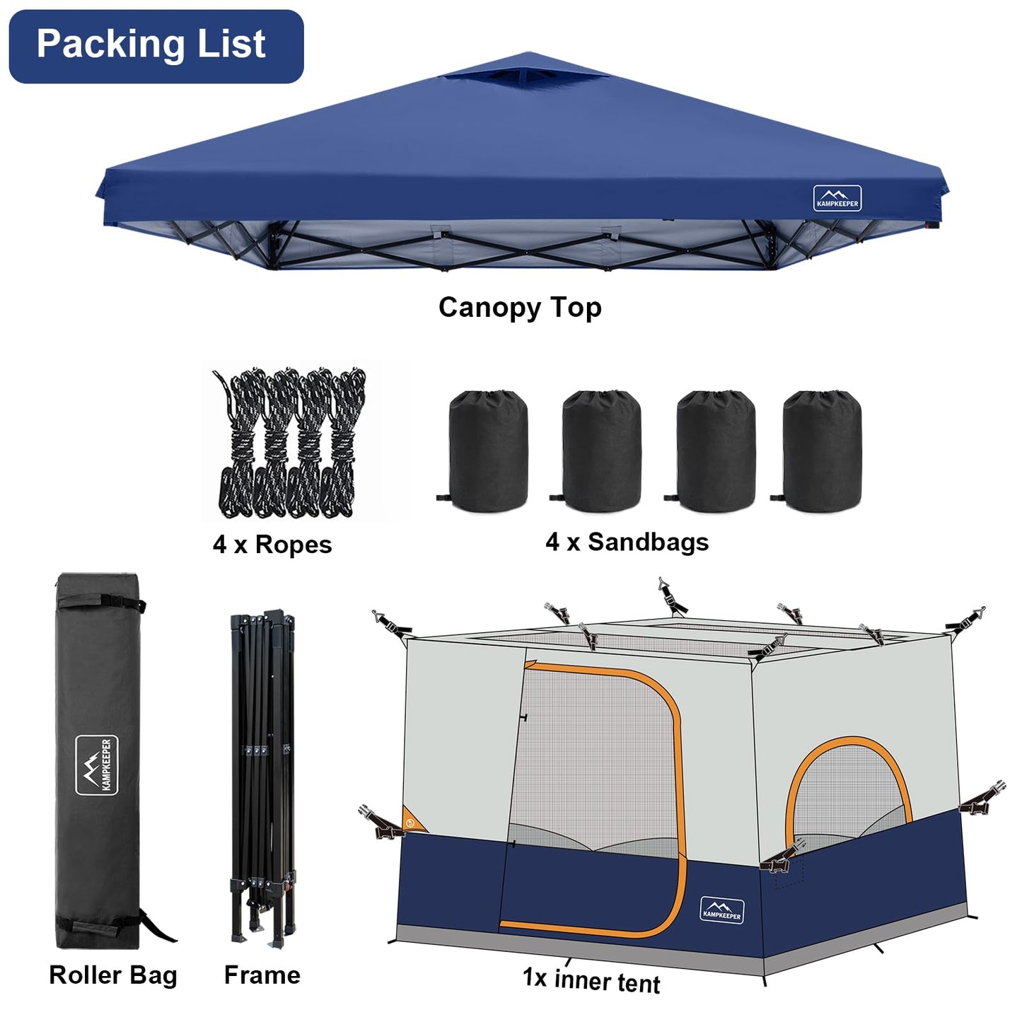 KAMPKEEPER 6 Person Camping Tent, 10x10 Pop Up Canopy Tent with Camping Cube, Converts 10'x10' Straight Leg Canopy into Camping Inner Tent–Fully Vented Roof(Canopy & Frame Included) (Navy Blue)