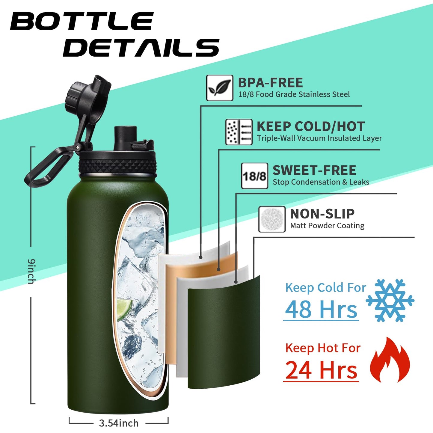 DIGJUPER Insulated Water Bottle 32 oz - Cold-48h & Hot-24h Stainless Steel Vacuum Flask with Straw & Pop-up Chug Lid, Leak Proof 32oz Water Bottles, Wide Mouth Hydro Metal Thermal Cups for Gym Work