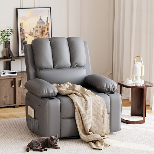 GarveeHome Recliner Chairs with Heat and Massage - 360° Swivel Lazy Recliner Chair for Adults- Manual Rocking Chair with Cup Holder for Living Rooms, Bedrooms and Nurseries - Grey