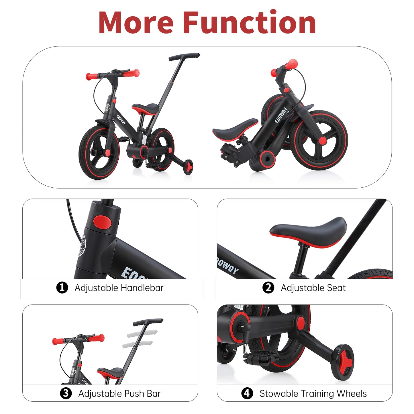 EOOWOY Balance Bike with Push Handle for Kids 18-60 Months, 6 in 1 Foldable Push Bike with Training Wheels & Pedals, Balance Bicycle for Boys and Girls with Brakes & Kickstand, Black