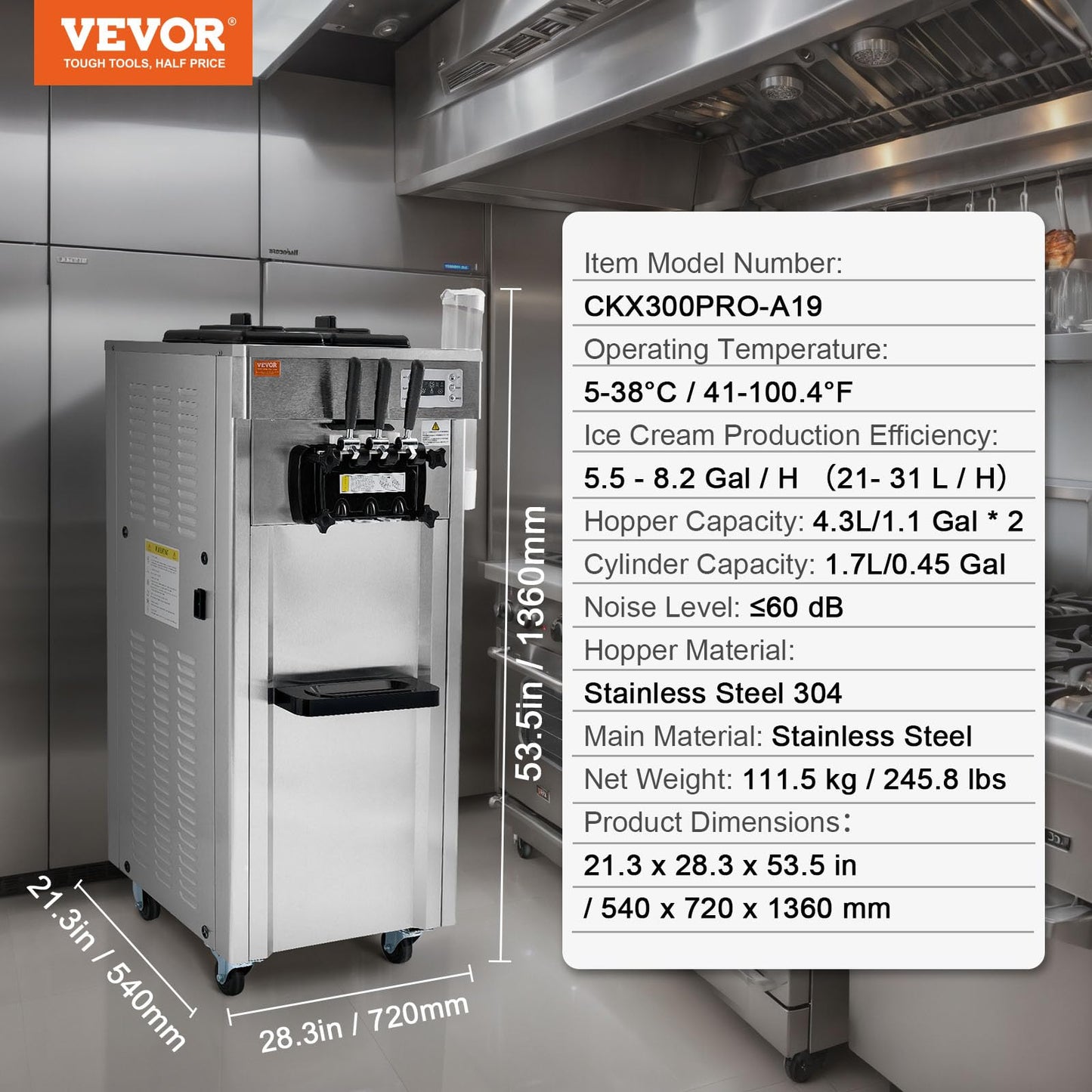 VEVOR 1850W Commercial Soft Ice Cream Machine 3 Flavors 5.5 to 8.2Gallon per Hour PreCooling at Night Auto Clean LCDPanel for Restaurants Snack Bar, Sliver