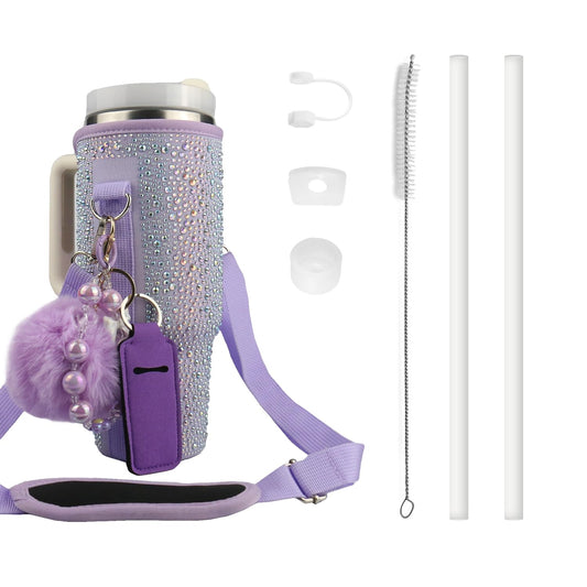 Water Bottle Carrier Bag for Stanley 40oz Tumbler - Stanley Cup Bag with Adjustable Strap, Straw Cover & Pompom Keychains - Stanley Cup Accessories, Purple Diamond