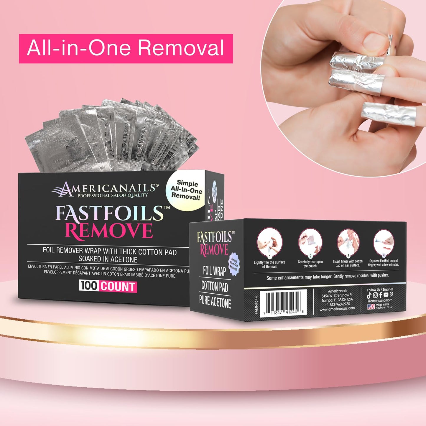 Americanails FastFoils 100 ct, One Step Gel Polish Foil Remover Wraps, All-In-One Foil Remover With Thick Cotton Pad & Pure Acetone, Remove Nail Polish, Gel Polish, Gel Nails, Acrylic Nails, Dip Nails