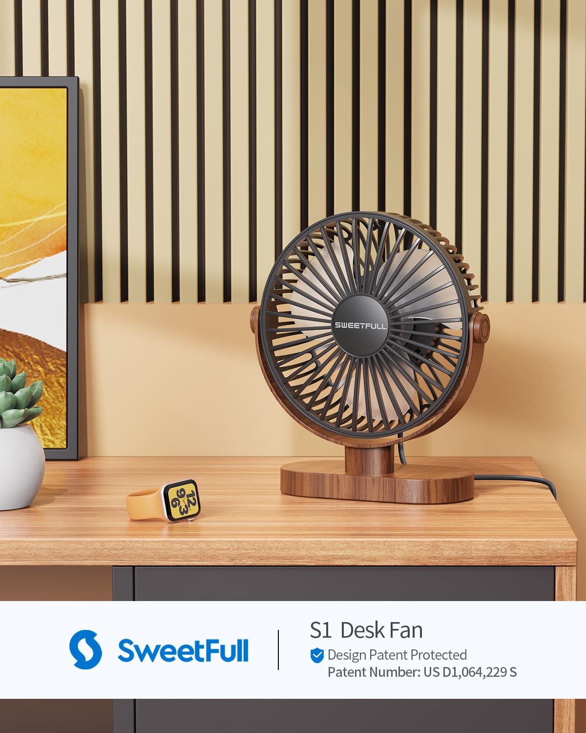 SWEETFULL 6.5 Inch USB Small Desk Fan, 3 Speeds Quiet Portable Desktop Table Fan, 360° Adjustment Personal Mini Fan for Home Office Car Outdoor Travel (Black wood grain)