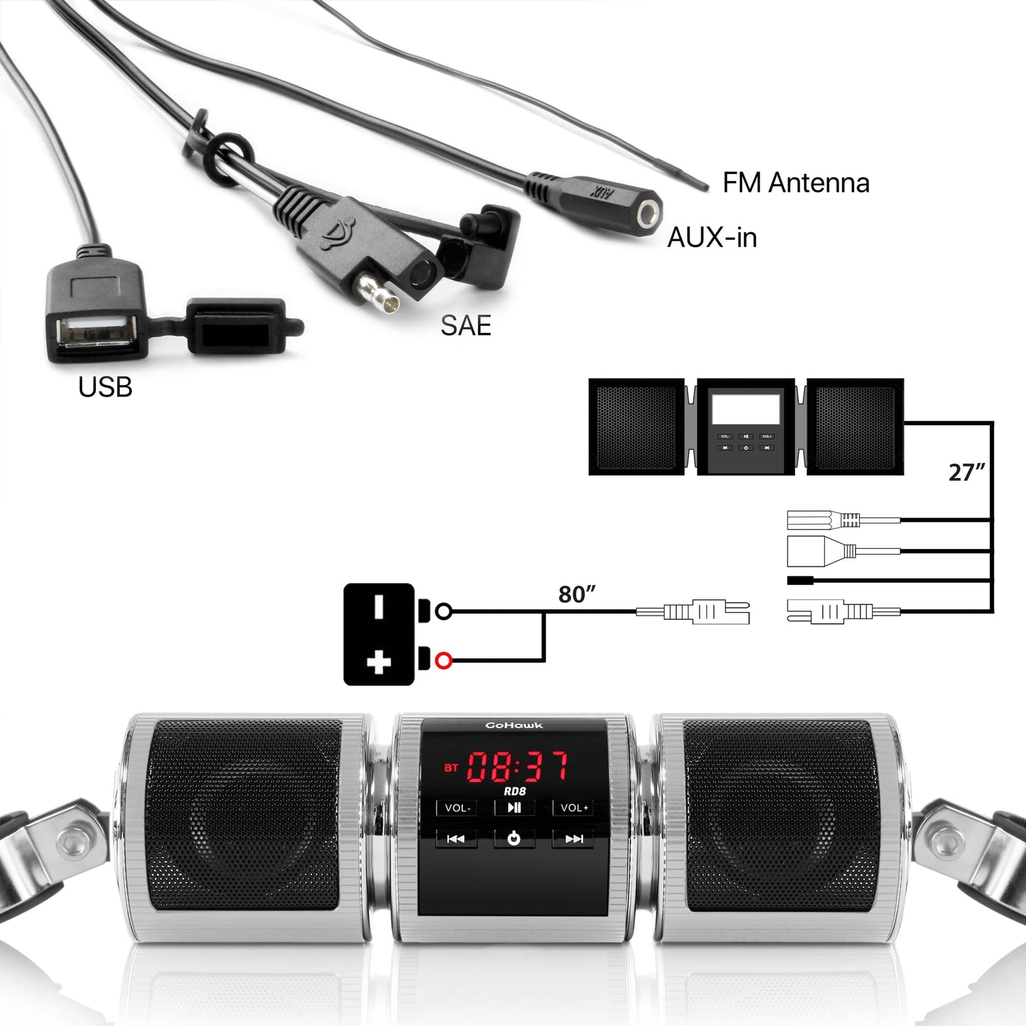 GoHawk RD8 Gen.2 Waterproof Bluetooth Motorcycle Stereo Speakers 7/8-1.25 in. Handlebar Mount MP3 Music Player Audio Amplifier System Scooter Bike ATV, AUX in, USB, FM Radio