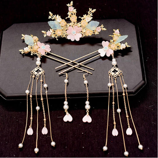 Alloy Hair Sticks Pins Long Tassel Hanfu Chinese Hair Comb/Earrings Set of 1 Traditional Classical (Style E)