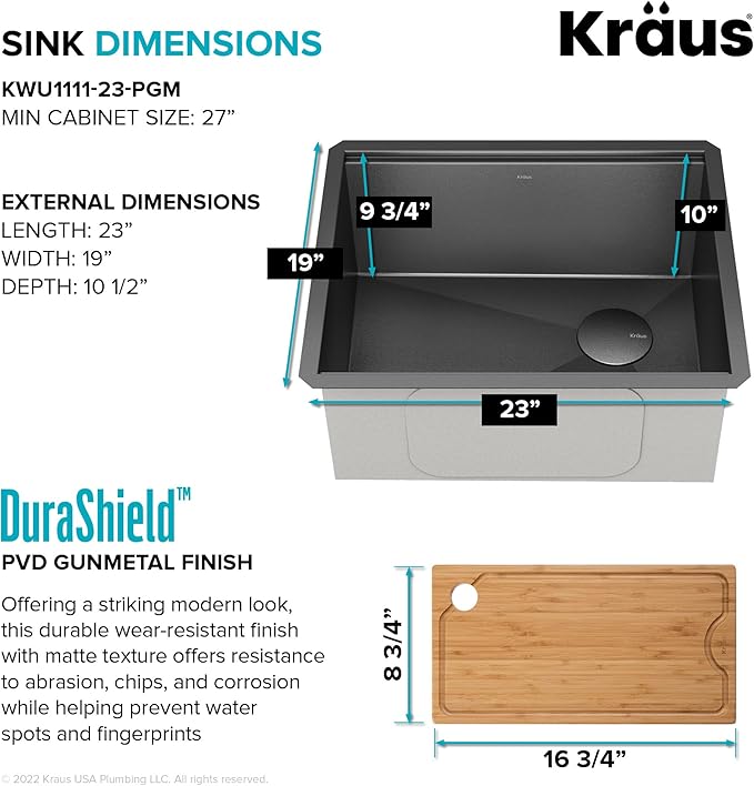 KRAUS Kore 23 Inch Drop-In Undermount Workstation 16 Gauge Stainless Steel Single Bowl Kitchen Sink n PVD Gunmetal Finish with Accessories, KWU1111-23-PGM