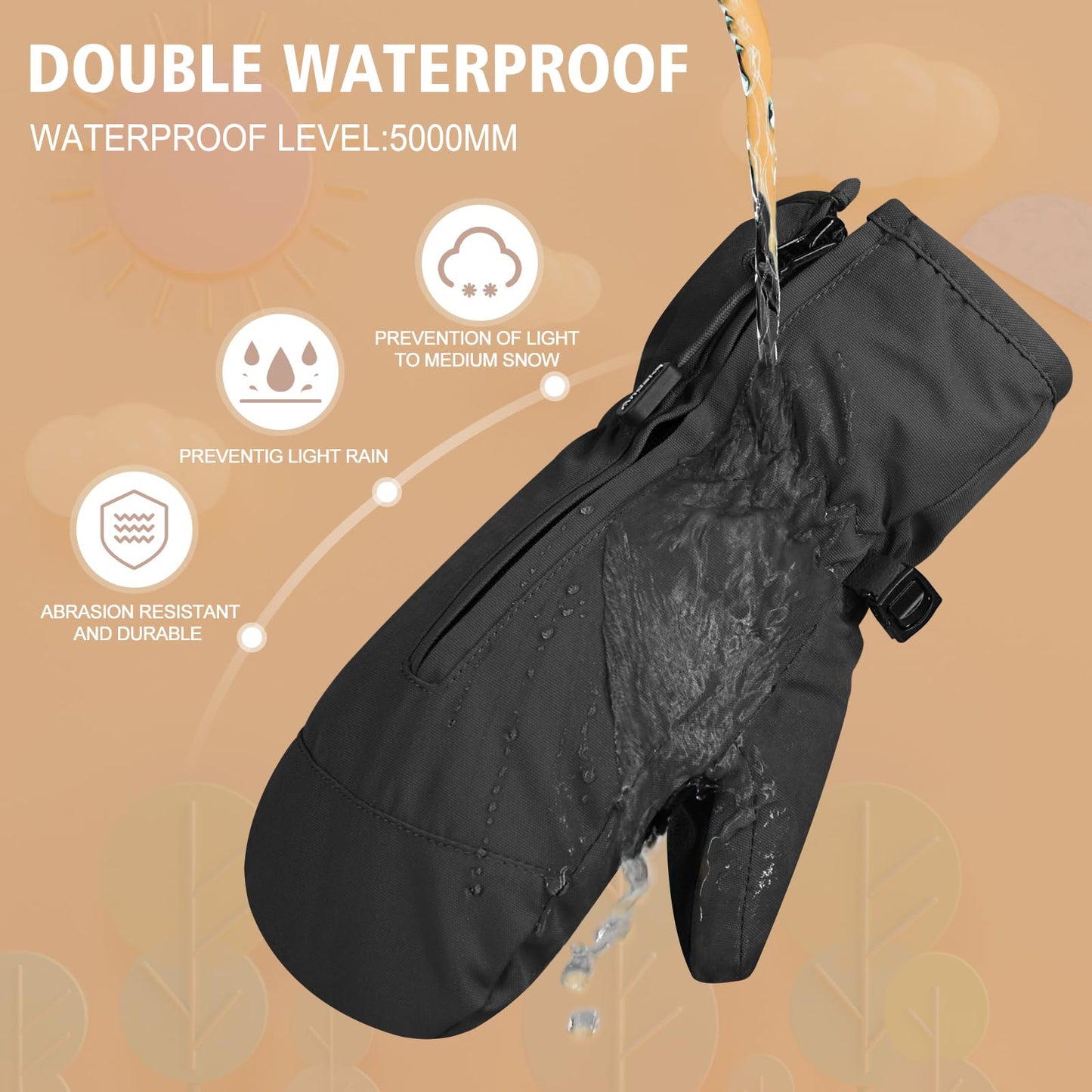 Andake Kids Ski Mittens Gloves Waterproof&Breathable Winter Warm Snow Gloves for Ages 1-10 Toddler Baby Girls and Boys(Black,XXS(Fits 3-6Y))