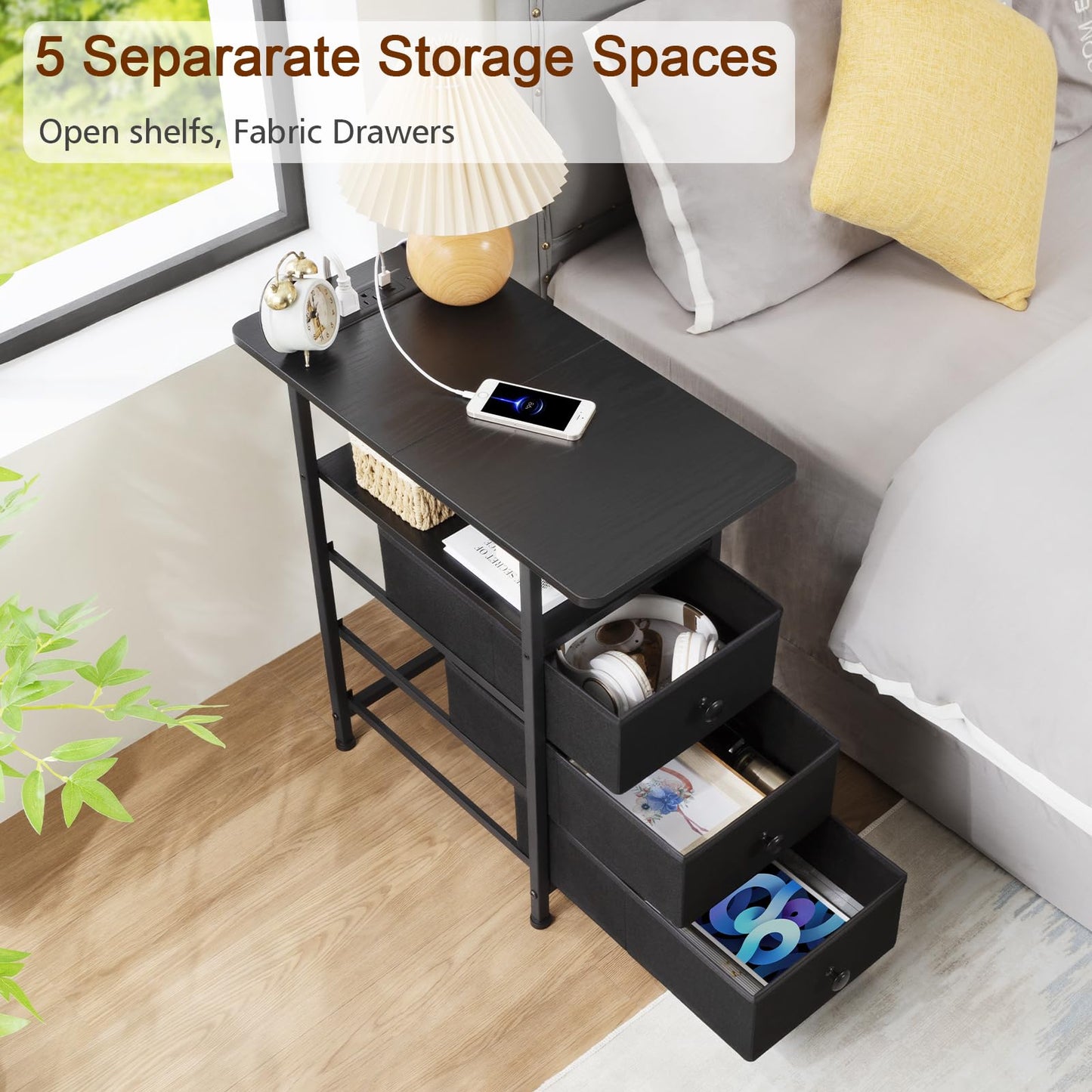 AMHANCIBLE End Tables Living Room with Charging Station, Narrow Side Table with USB Ports and Outlets, Slim Nightstand with 3 Fabric Drawers for Bedroom, Small Space, Black, HETN013BK-1
