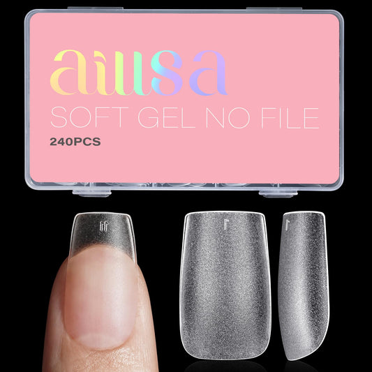 AILLSA Short Square Nail Tips 15 Sizes 240pcs Full Cover Gel Tips Double Matte No Need Base Coat Fake Soft Nail Tips for Press On Nail Extension