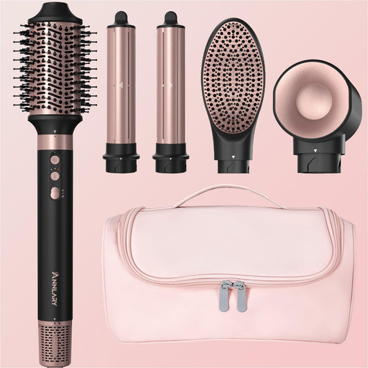 Annlary 5 in 1 Ionic Hot Air Styler, 1400W Powerful Hair Dryer Brush, Auto-Wrap Curlers, Paddle Brush for Fast Drying, Curling, Straightening, Volumizing with Travel & Storage Bag