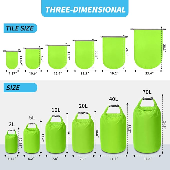Dry Bag Set, Waterproof Small Lightweight Dry Bags for Paddle Board Kayaking, Fishing, Camping (Green, 2L+5L+10L)