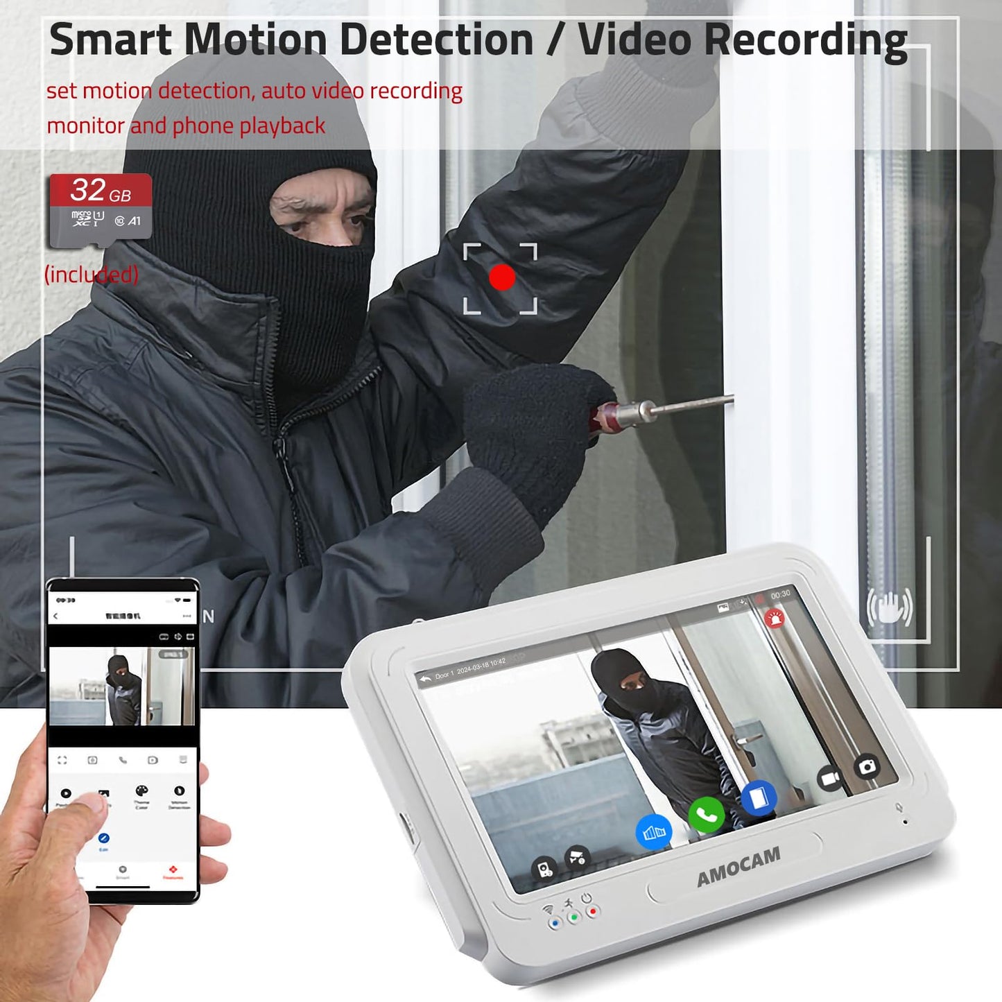 AMOCAM Wireless WiFi Video Doorbell Intercom System, 1080P Video Door Camera with Monitor, 7 Inch Touch Screen Video Door Phone, No Monthly Fees, Tuya APP Remote Intercom (Wired Power)